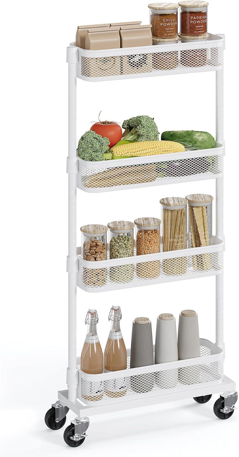 White Slim 4-Tier Metal Rolling Kitchen Cart with Storage