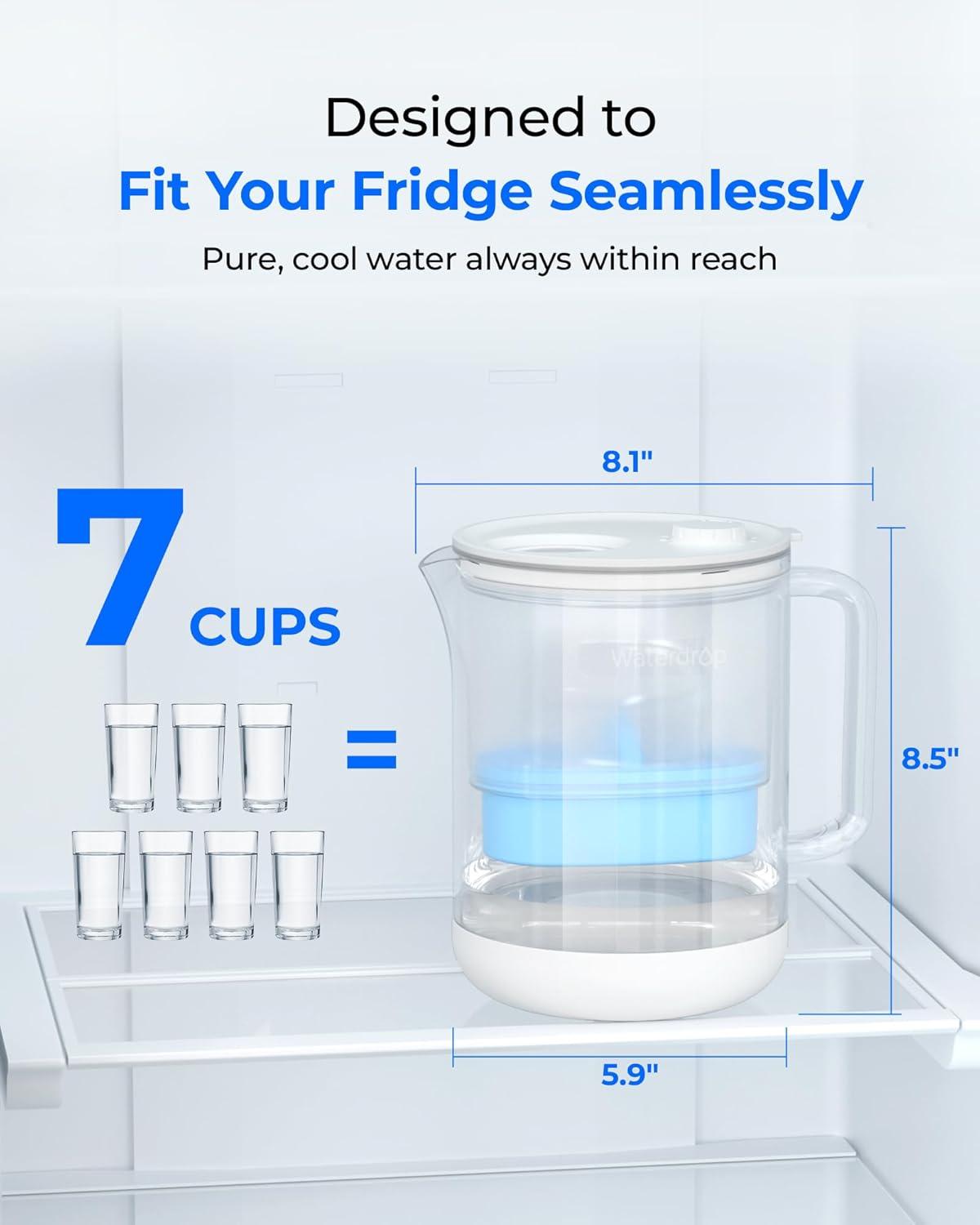Waterdrop Glass Alkaline Water Filter Pitcher with 1 Filter, Enhances Alkaline Water, Eco-Friendly, 7-Cup, for Home & Office, Reduces PFOA/PFOS, Chlorine, Cadmium, Copper, Mercury, Clear, WD-PT-72C-A