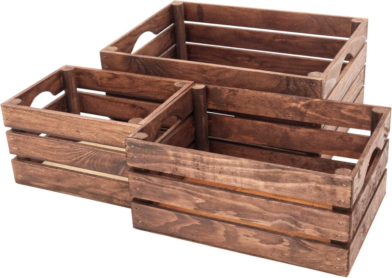 Rustic Wood Crates for decorative display, Nesting Crate set for storage and farmhouse style decor, wooden boxes made from 100% American Wood (Dark Walnut, Set of 3)