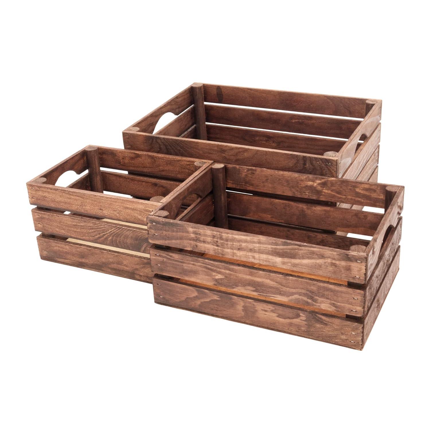 Rustic Wood Crates for decorative display, Nesting Crate set for storage and farmhouse style decor, wooden boxes made from 100% American Wood (Dark Walnut, Set of 3)