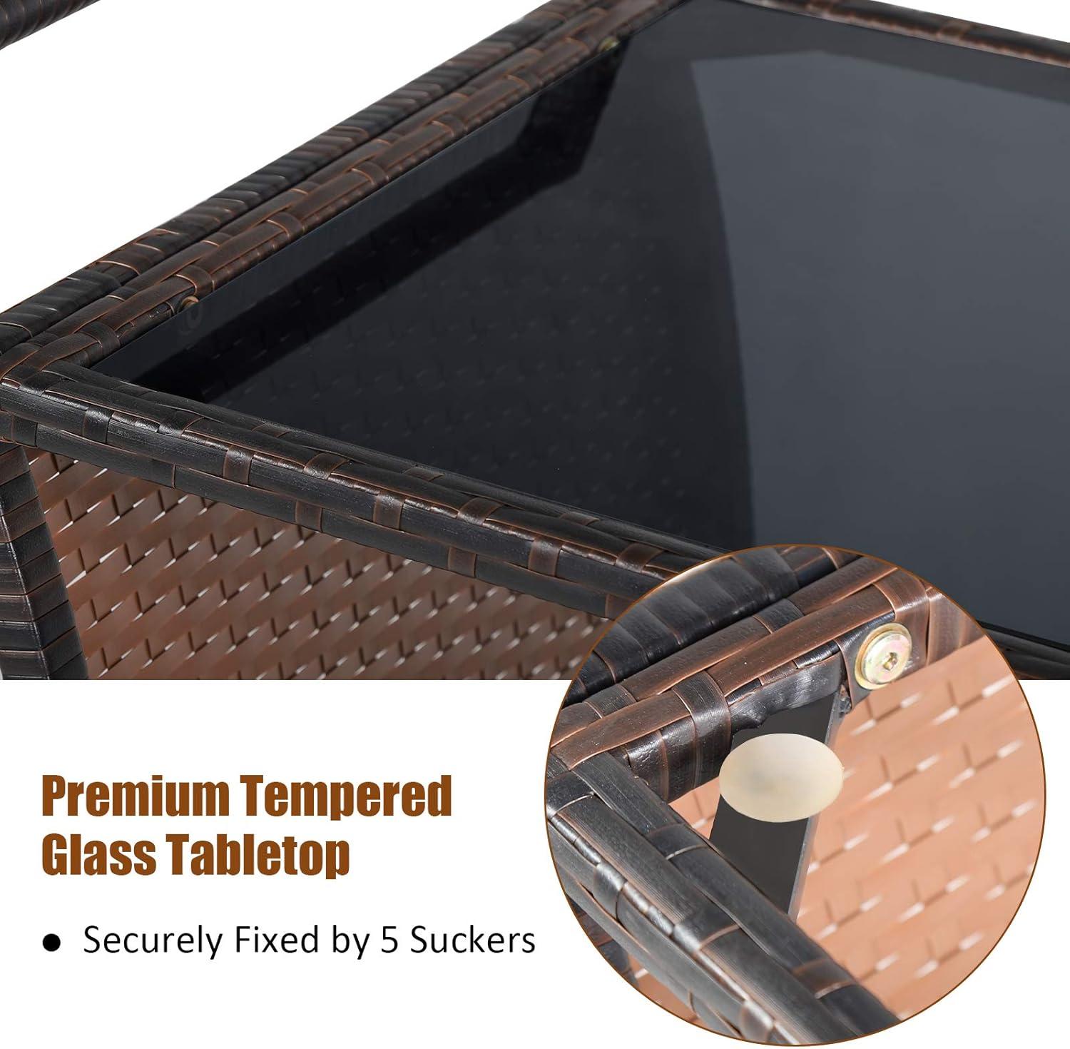 RELAX4LIFE Outdoor Wicker Bar Cart with Removable Ice bucket, Patio Serving Counter Table with Glass Top & Wheels, Storage Compartments Rattan Rolling Trolley for Pool, Backyard,Porch Wine Cart, Brown