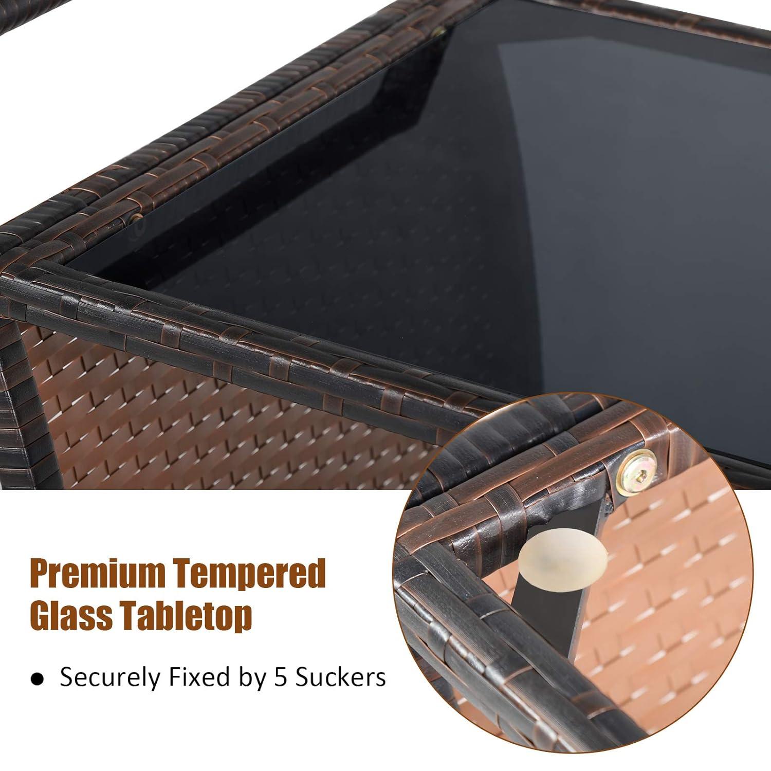 RELAX4LIFE Outdoor Wicker Bar Cart with Removable Ice bucket, Patio Serving Counter Table with Glass Top & Wheels, Storage Compartments Rattan Rolling Trolley for Pool, Backyard,Porch Wine Cart, Brown