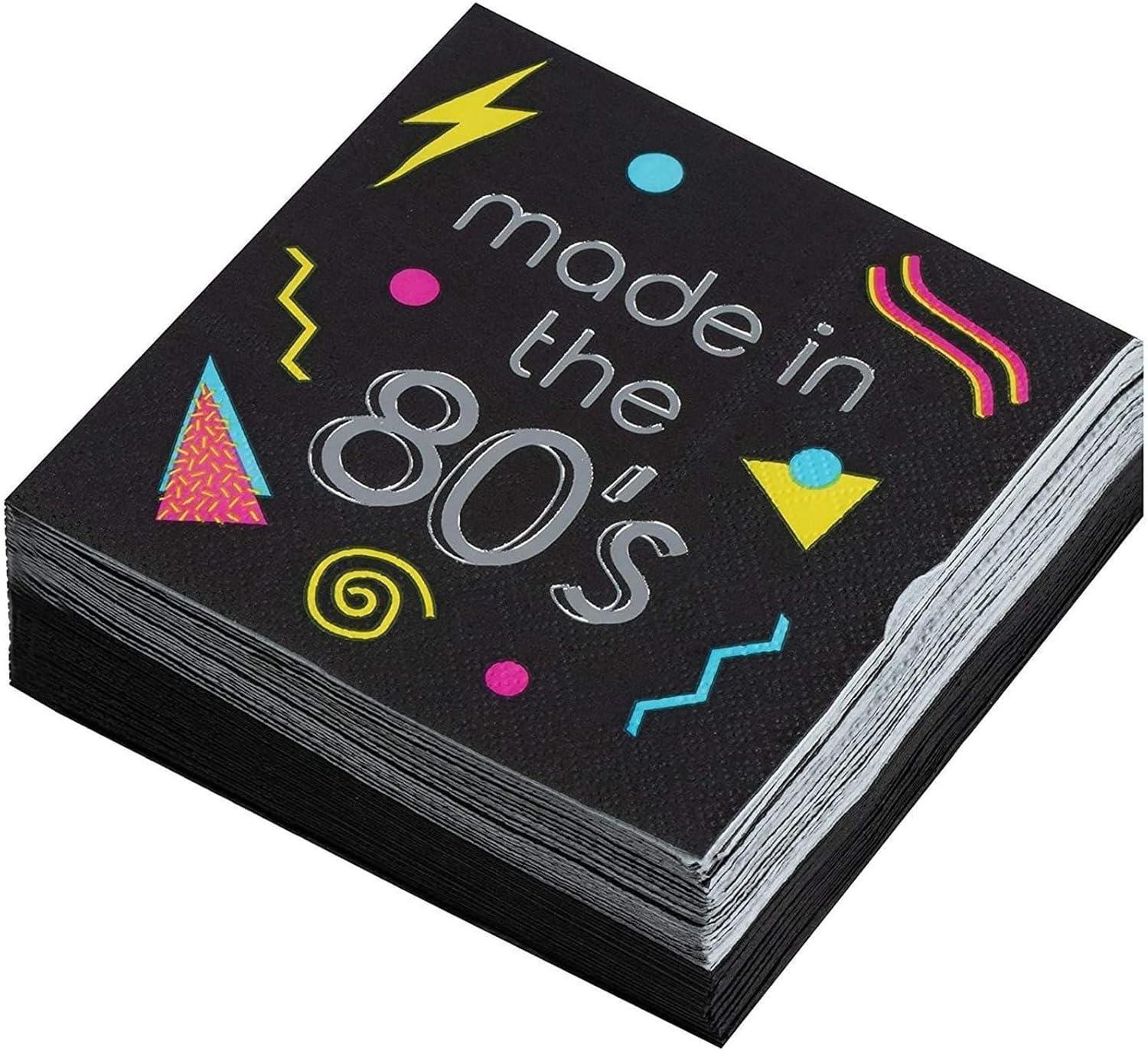 Juvale 80s Cocktail Napkins - 50-Pack Made in the 80s in Silver Foil Disposable Napkins, Black