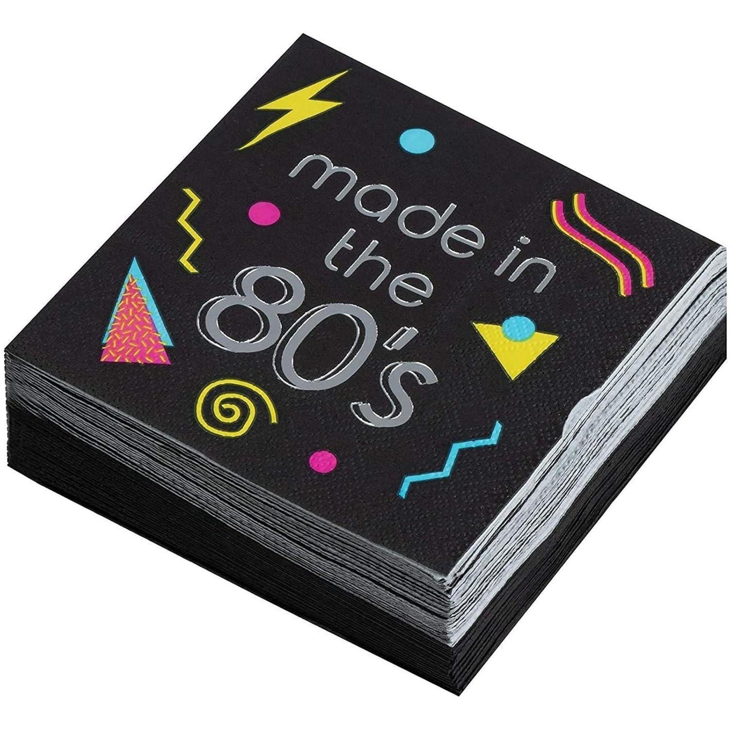 Juvale 80s Cocktail Napkins - 50-Pack Made in the 80s in Silver Foil Disposable Napkins, Black