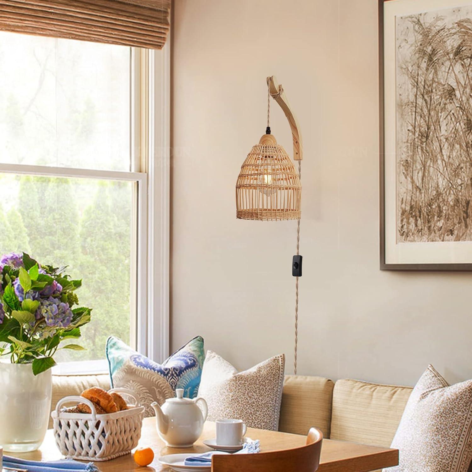 Bay Isle Home™ Cateno Bamboo Wall Sconces Set Of Two Plug In, Boho Wall Lamp With Plug In Cord, Farmhouse Wall Light Fixtures With 9.84FT On/Off Switch Cord, Rattan Sconces Wall Lighting For Bedroom Living Room (Set of 2)