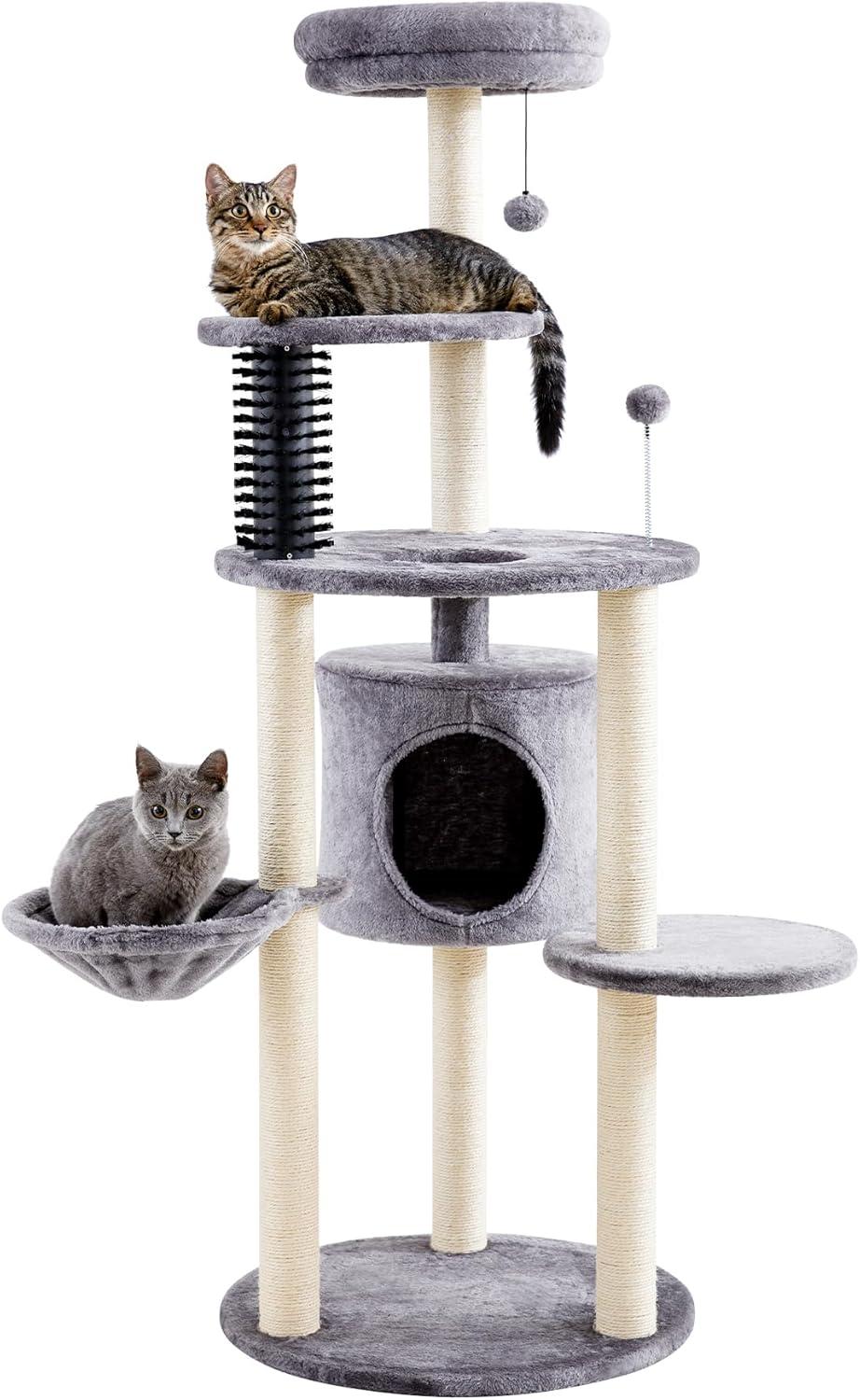 60.2 inch Large Cat Tower with Soft Hammock, 5-Level Tall Cat Condo, Sisal Scratch Posts, Pompoms