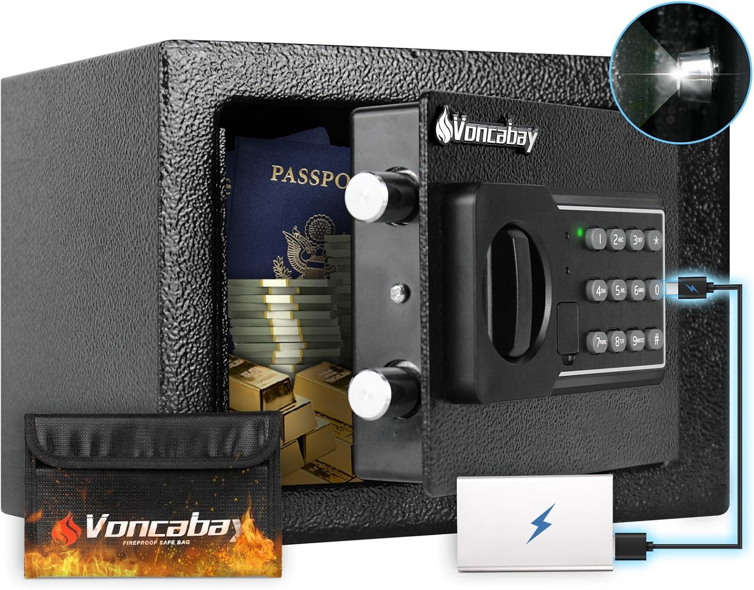 Voncabay Money Safe Box for Home with Sensor Light and Mute Function & Fireproof Security Safe Box with Emergency Power Outlet & with Digital Keypad-khaki
