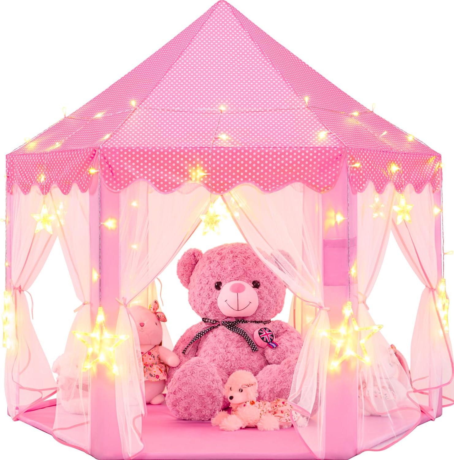 EVOIONOS Princess Tent for Girls, Kids Play Tent with LED Star Lights, Castle Playhouse for Children Indoor Outdoor Games, 55X53 inches, Pink