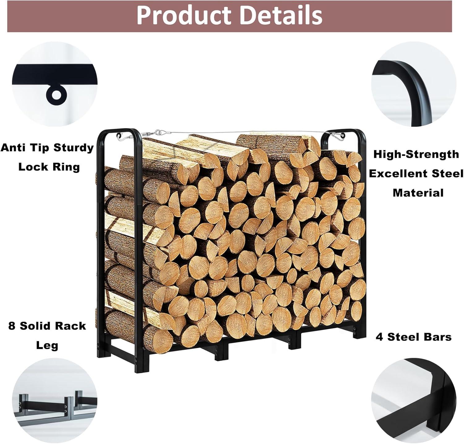 XZKING 4ft Firewood Rack Adjustable Metal Heavy Duty Fire Log Stand for Indoor Outdoor