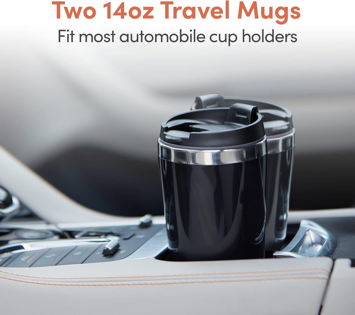 Elite Gourmet Dual Coffee Maker with Two Stainless Steel Interior Travel Mugs, Black