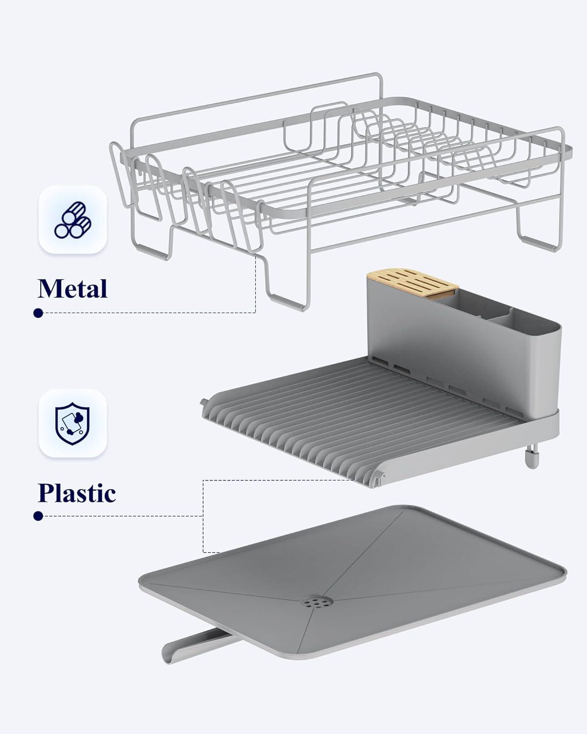 Kitsure Large Dish Drying Rack - Extendable Dish Rack, Multifunctional Dish Rack for Kitchen Counter, Anti-Rust Dish Drainers with Cutlery & Cup Holders 19.2"-26.7" L x 12.9" W, Grey