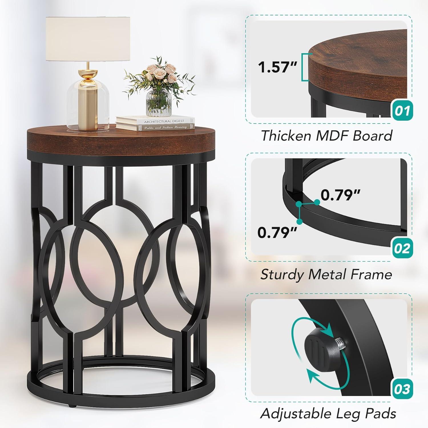 Rustic Brown Round Wood and Metal End Table