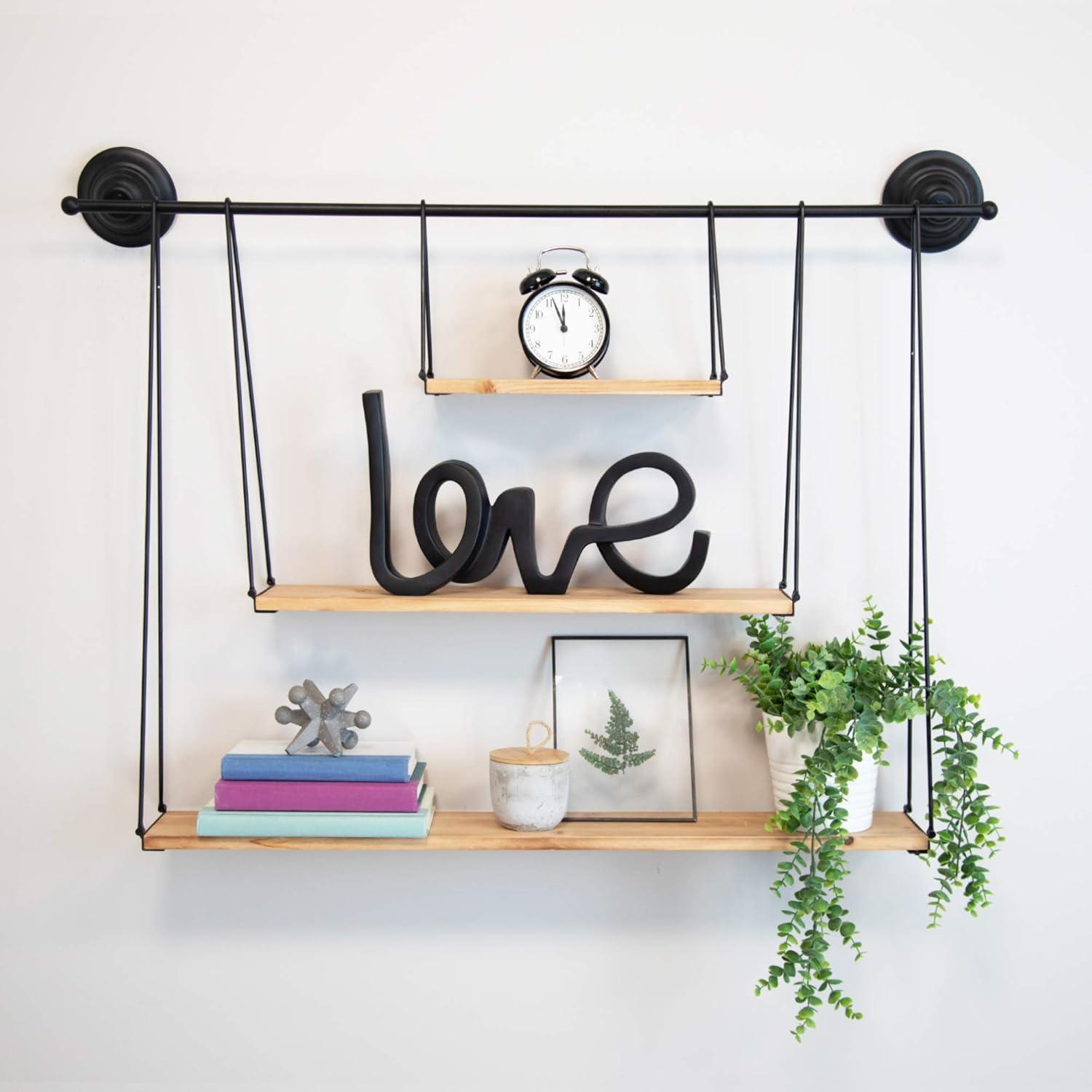 Stratton Home Decor Large 3 Tier Metal and Wood Hanging Wall Shelf, Black