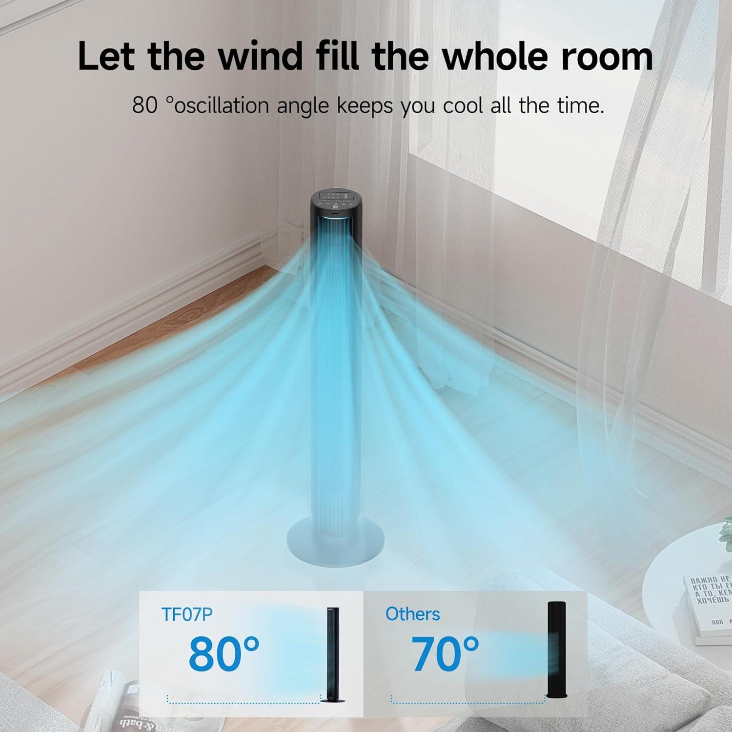 PhiloDeco Bedroom Tower Fan, 40 in Bladeless Fan, 80 ° Oscillating Fan, Silent Floor Fan with Remote Control Led, 4-Speed Multiple Modes, 7h Timer, Large Air Outlet, Vertical Fan For Home