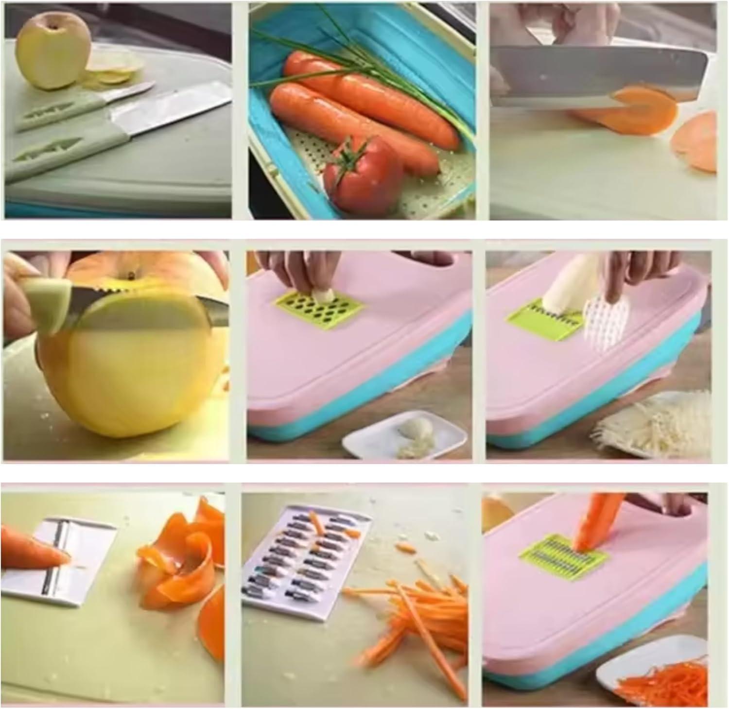R&M HOME Green Plastic Multi-Functional Folding Cutting Board, 9-in-1 with Grating, Chopping, Slicing, Cutting, and Washing Functions for Vegetables and Fruits, Knife-Safe, Perfect for Kitchen.