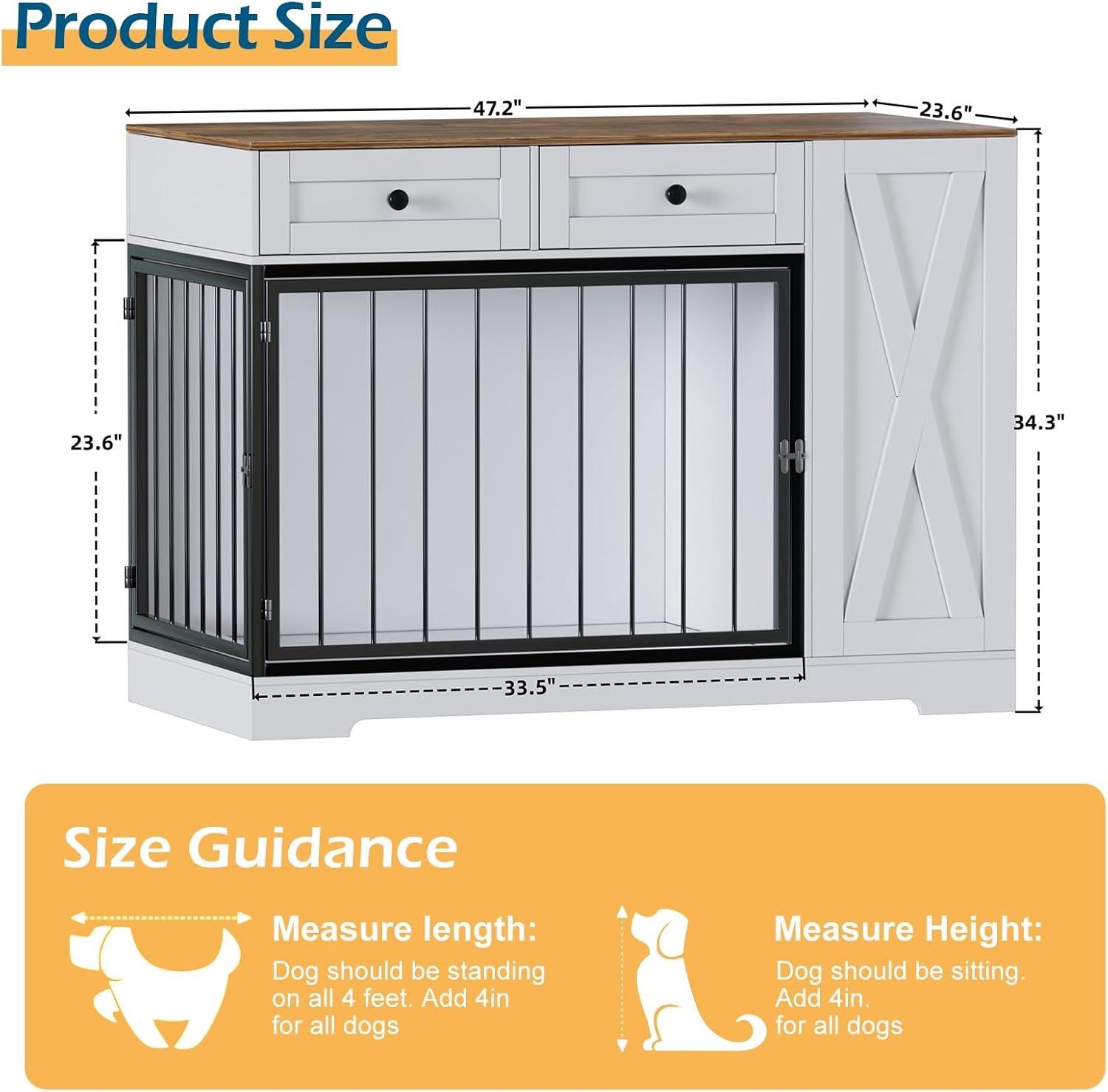 CABINAHOME Dog Crate Furniture Kennel with Double Doors Wooden Pet House with 2 Drawers and Pet Feeder Station Storage Cabinet, Indoor Dog Cage Farmhouse Modern Side End Table for Dogs, White