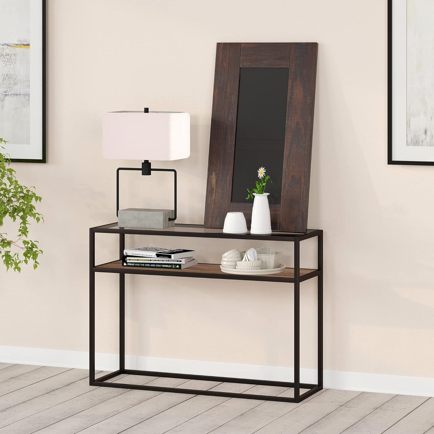 Addison Blackened Bronze 42" Glass Top Console Table with Oak Shelf