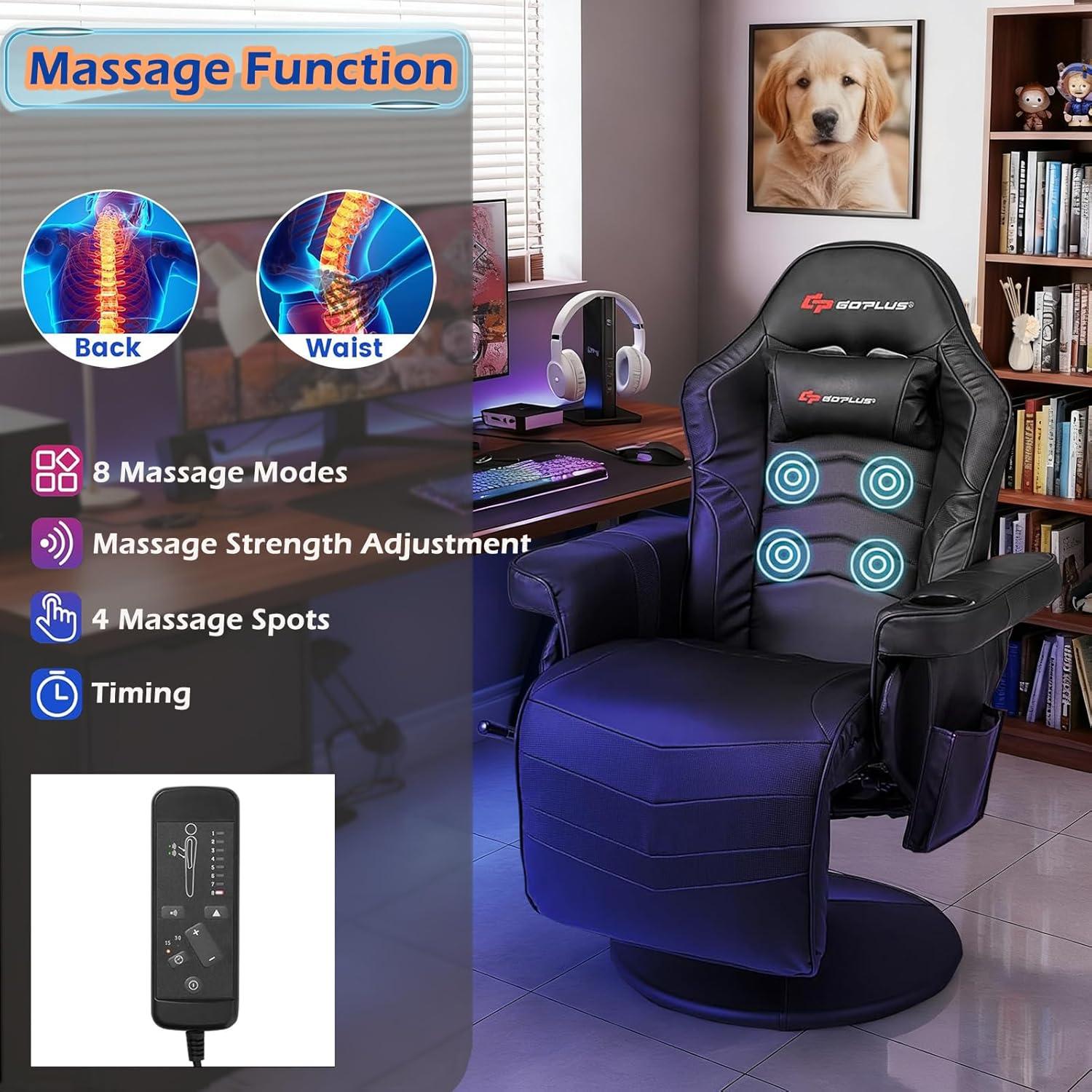 POWERSTONE Gaming Recliner Massage Gaming Chair with Footrest Ergonomic PU Leather Single Sofa with Cup Holder Headrest and Side Pouch, Adjustable Living Room Chair Seating, Black