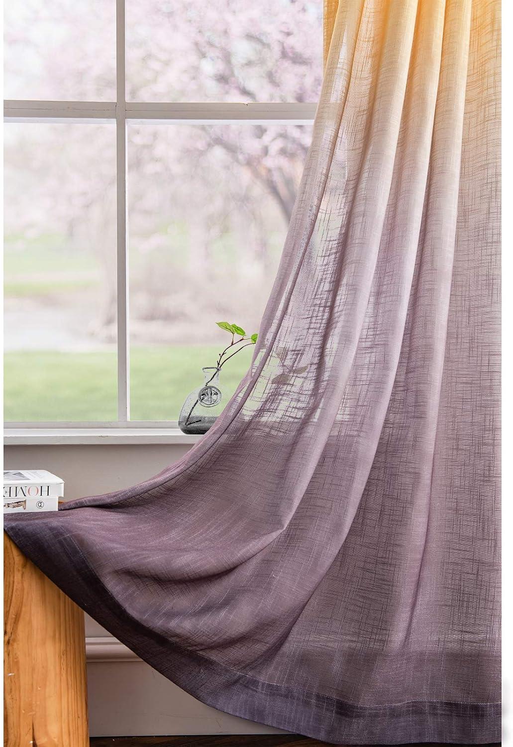 Melodieux Yellow Grey Linen Textured Ombre Semi Sheer Curtains 63 Inches Length for Bedroom Living Room Kids Nursery Golden Sunshine Rod Pocket Gradient Drapes, 52 x 63 Inch (2 Panels)