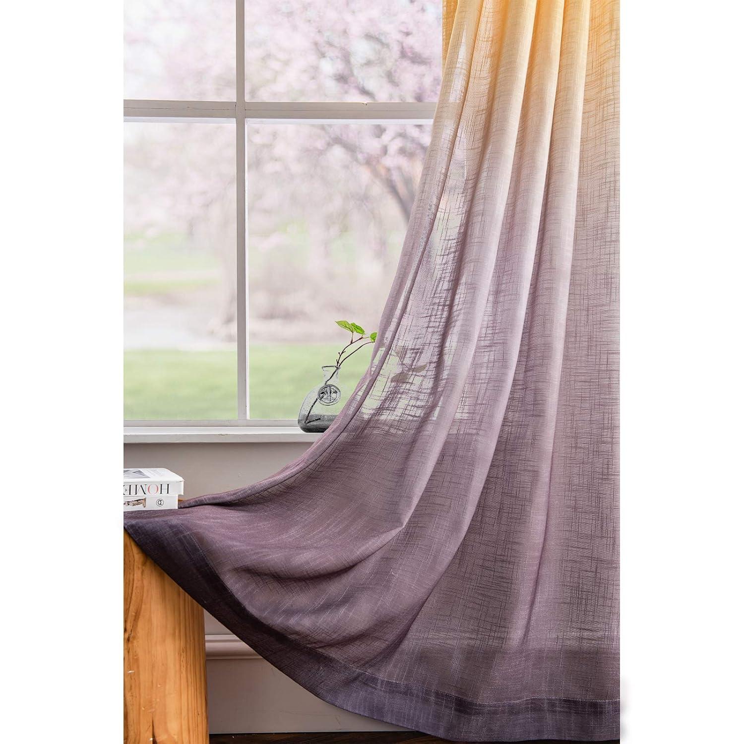 Melodieux Yellow Grey Linen Textured Ombre Semi Sheer Curtains 63 Inches Length for Bedroom Living Room Kids Nursery Golden Sunshine Rod Pocket Gradient Drapes, 52 x 63 Inch (2 Panels)