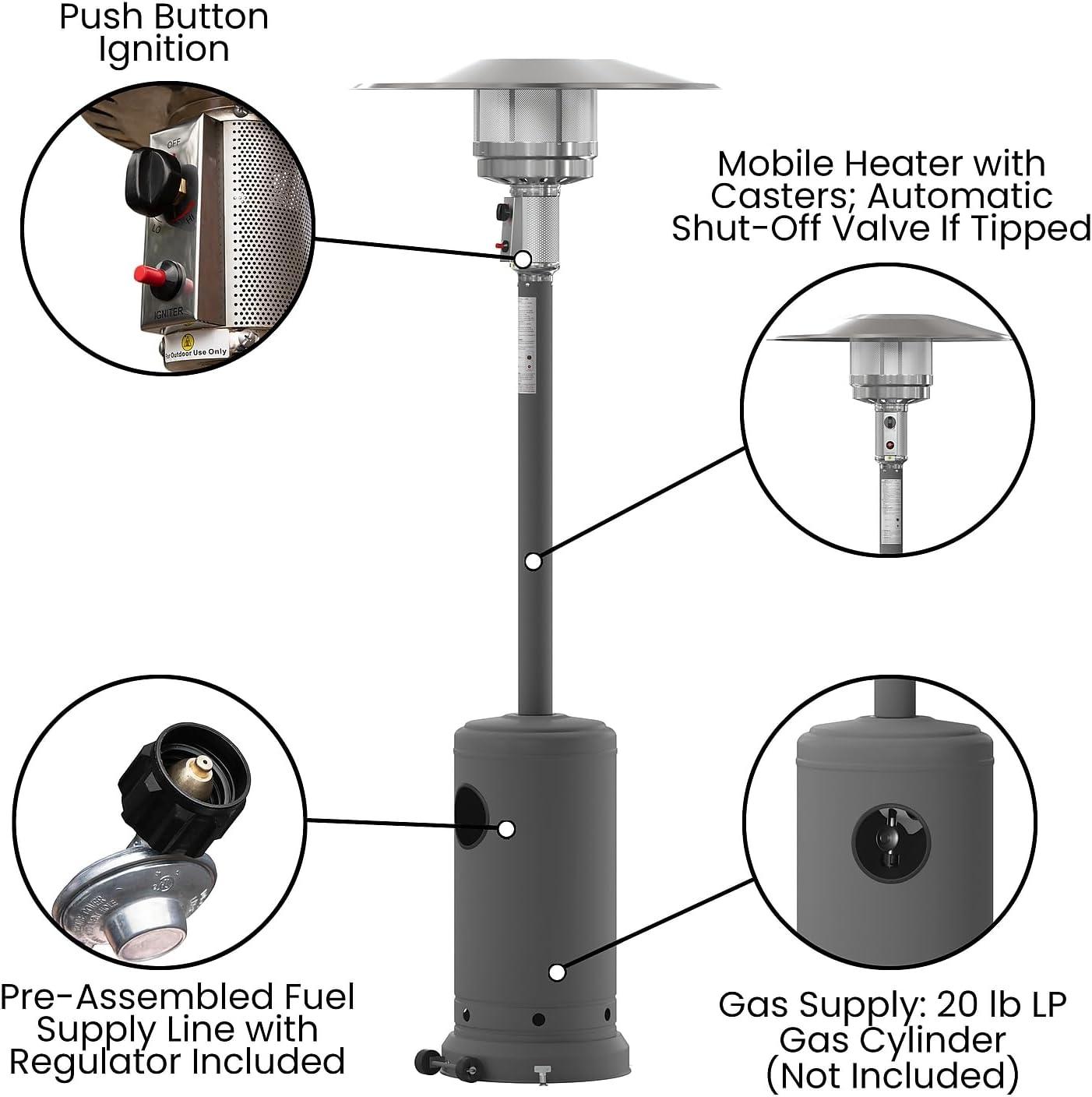 Flash Furniture Sol Patio Outdoor Heating-Stainless Steel 40,000 BTU Propane Heater with Wheels for Commercial & Residential Use-7.5 Feet Tall