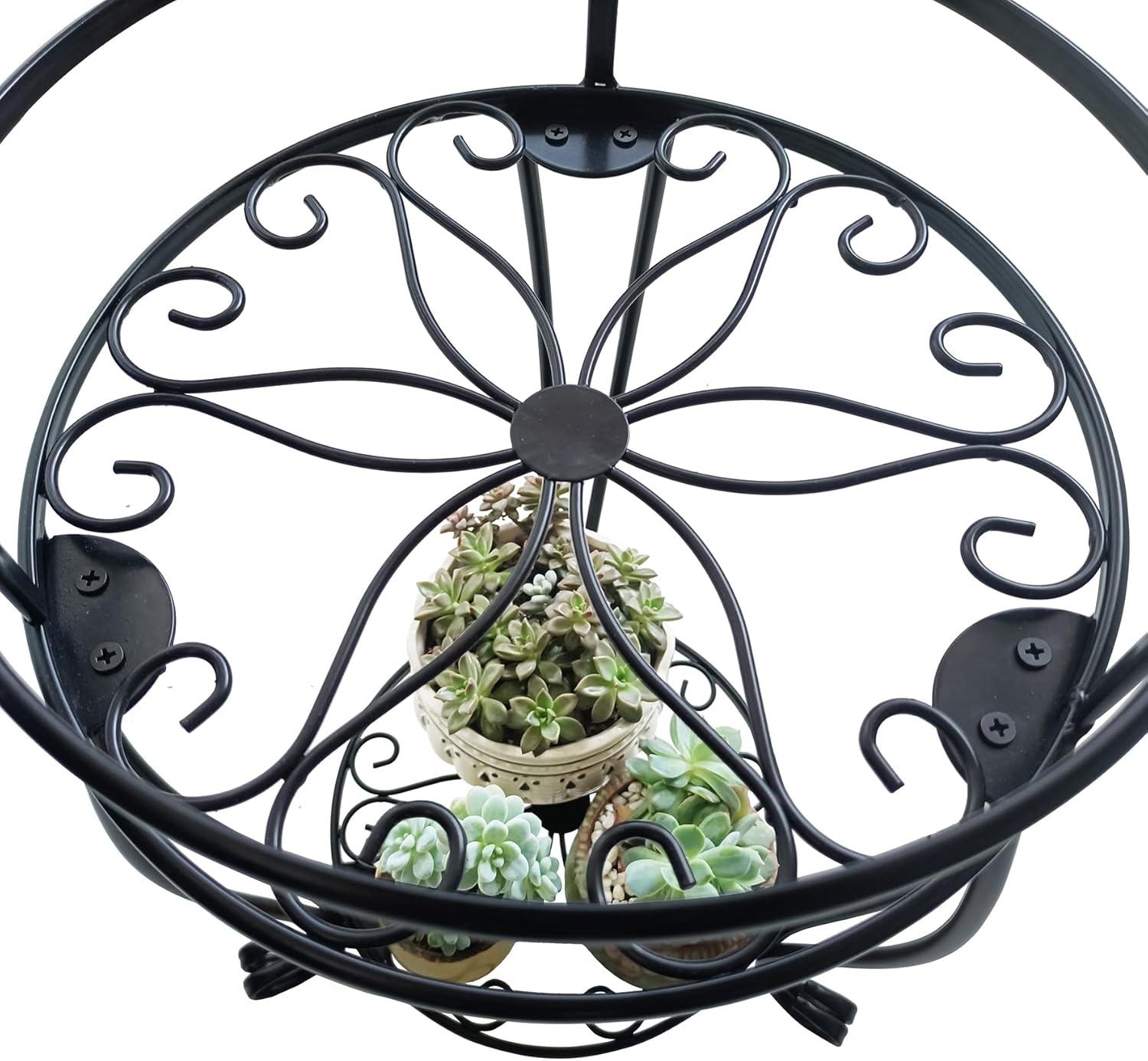 Black Metal 2-Tier Plant Stand with Floral Design