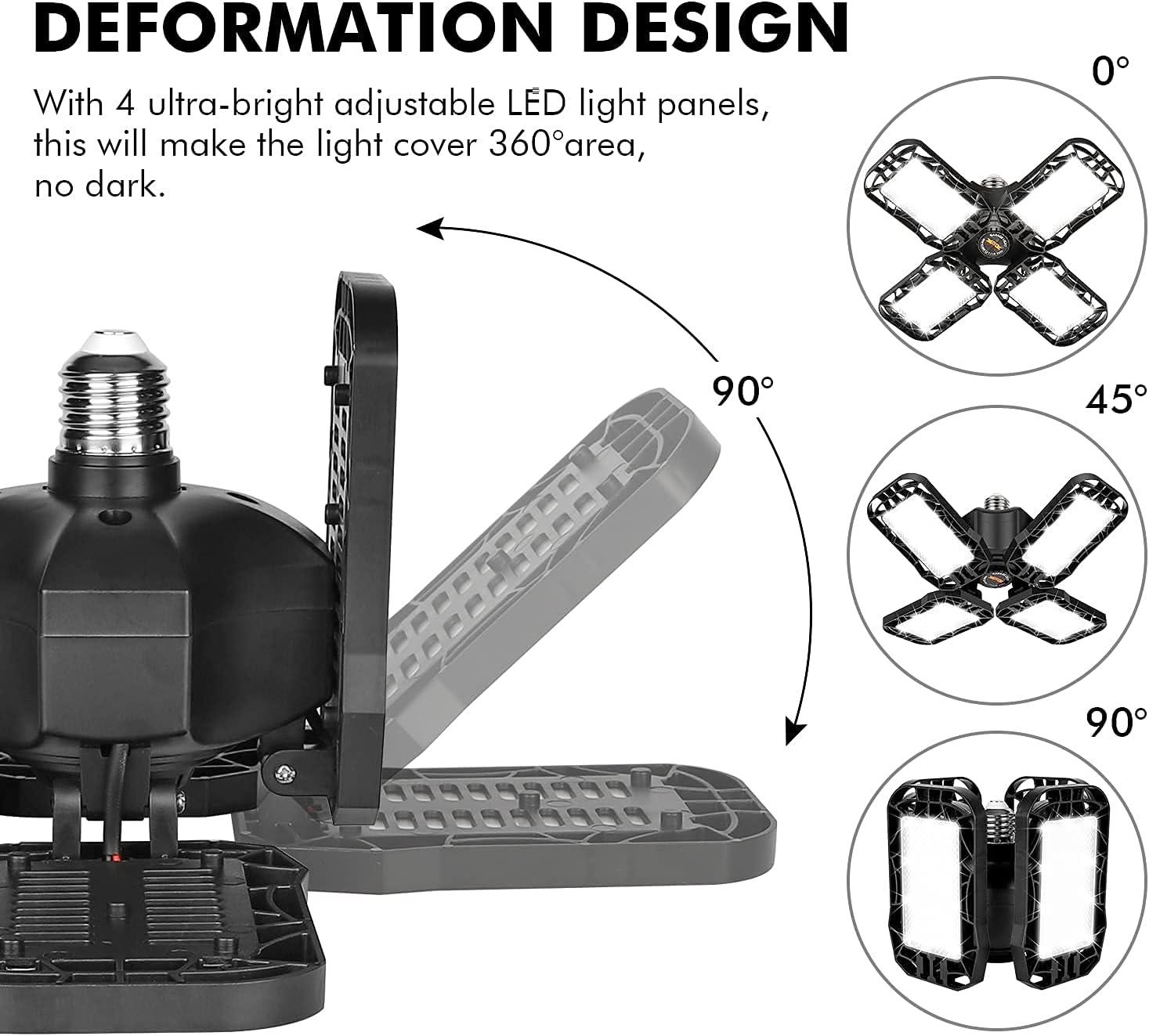 LED Garage Light 4 Pack, 120W Ultra Bright LED Shop Light with 4 Adjustable Panels, 12000LM E26/E27 Base Deformable Ceiling Light Fixtures for Garage, Workshop, Attic, Basement, Barn (Black-4 Pack)