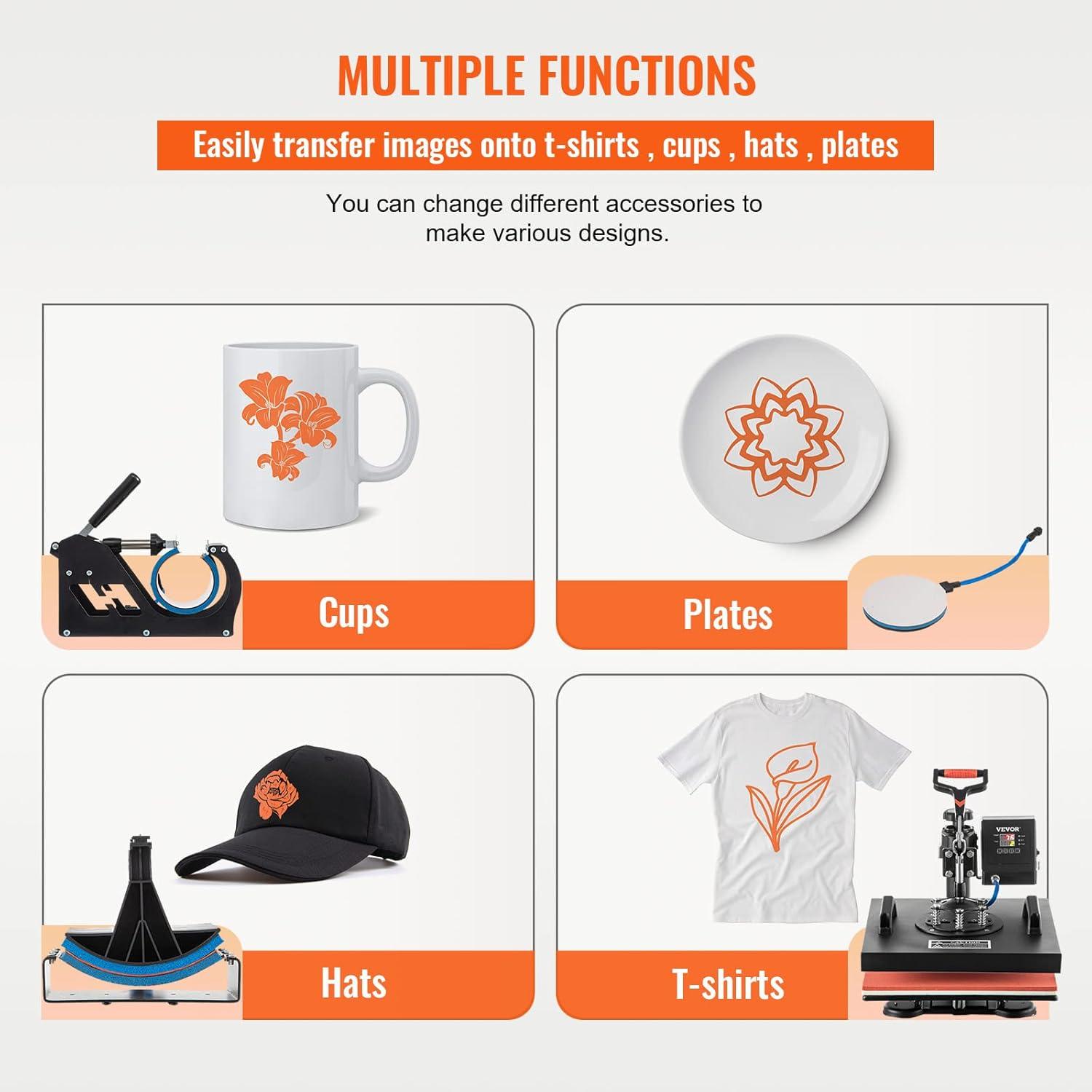 VEVOR Heat Press Machine - 6 in 1 Combo Heat Press Sublimation Machine for DIY T-Shirts/Hats/Mugs/Heat Transfer Projects, 15x15 Multifunction Swing Away Heat Press with 360° Rotation