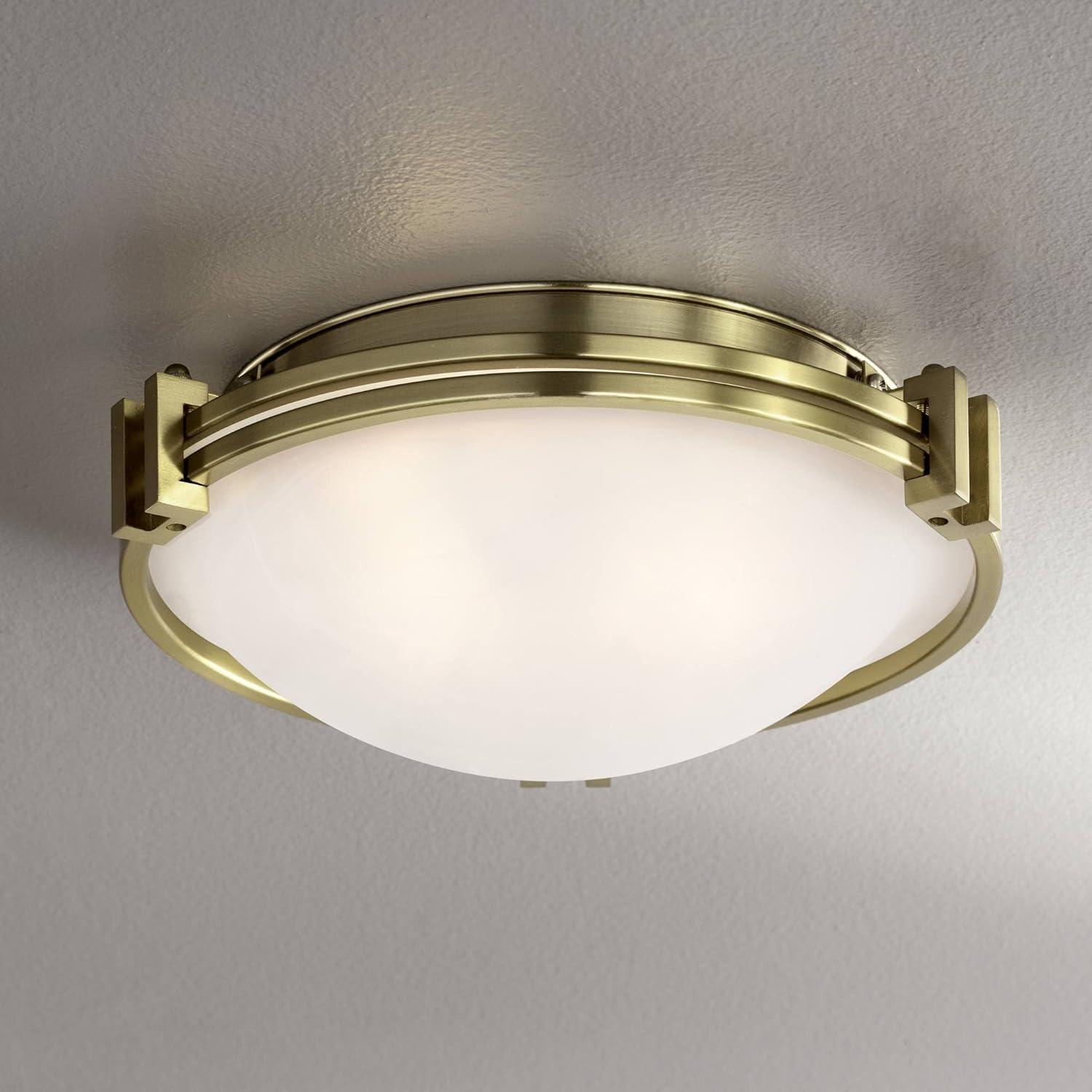 Deco Inspired 16" Warm Brass Flush Mount with Satin White Glass Bowl