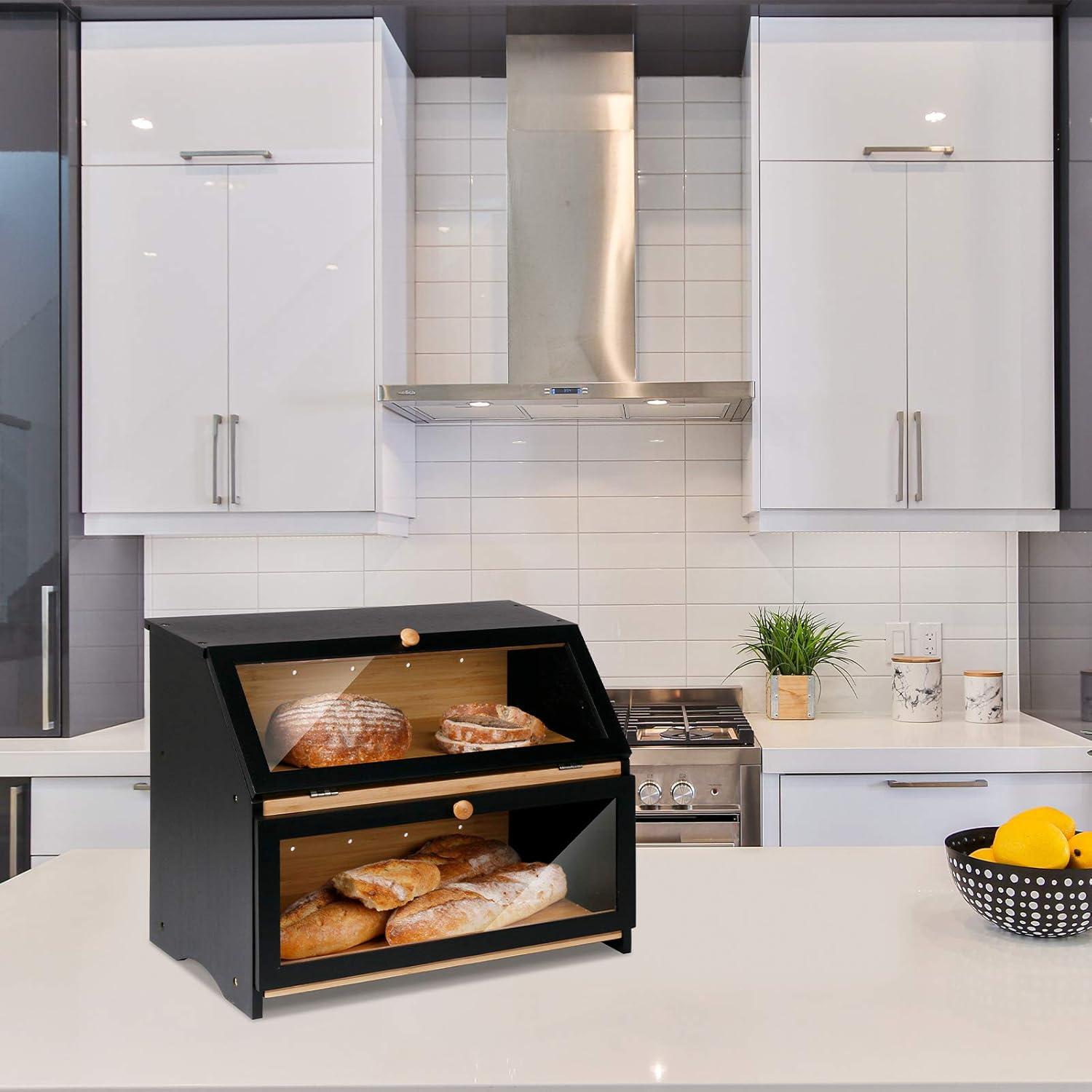 Bamboo Bread Container for Countertop, Double Layer Bread Storage with Acrylic Door Panel, Wooden Large Capacity Storage Bins for Kitchen Pantry Cupboard(Black)