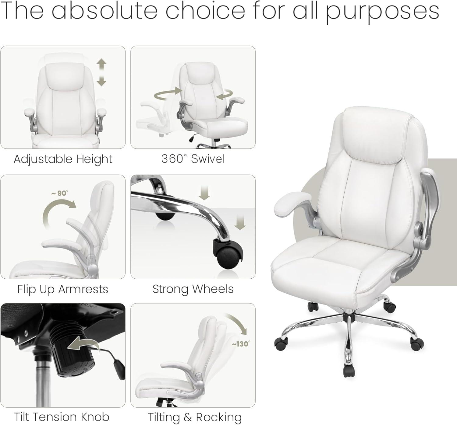 Neo Chair executive office chair cushioned 8 Hours Comfort, Heavy Duty Design, ergonomic back support flip-up armrest, White