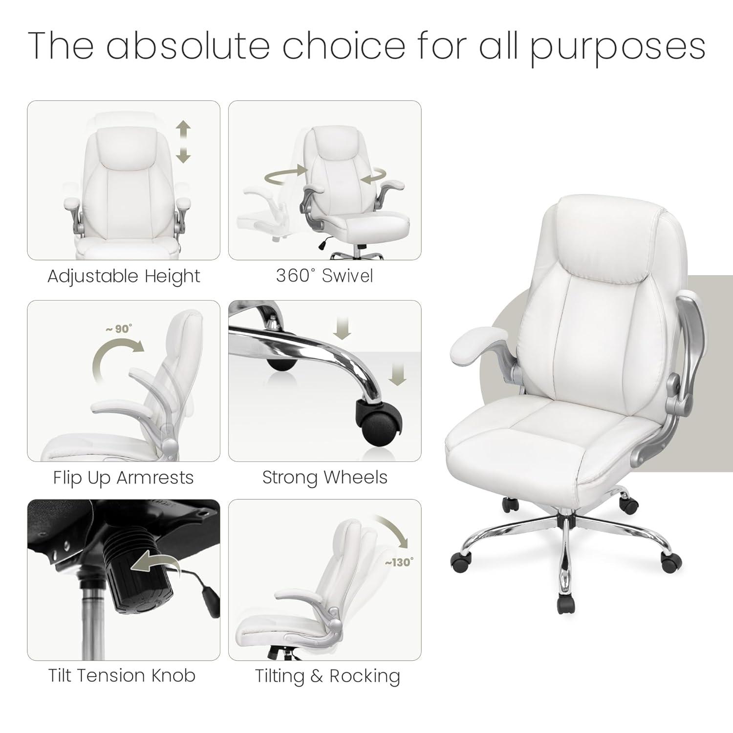 Neo Chair executive office chair cushioned 8 Hours Comfort, Heavy Duty Design, ergonomic back support flip-up armrest, White