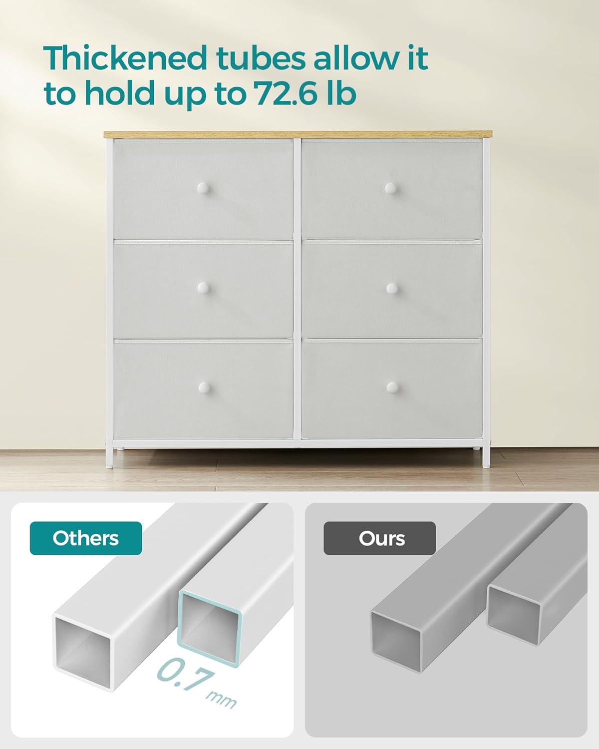 SONGMICS Dresser for Bedroom, Chest of Drawers, 6 Drawer Dresser, Closet Fabric Dresser with Metal Frame, Cream White and Oak ULTS323W57