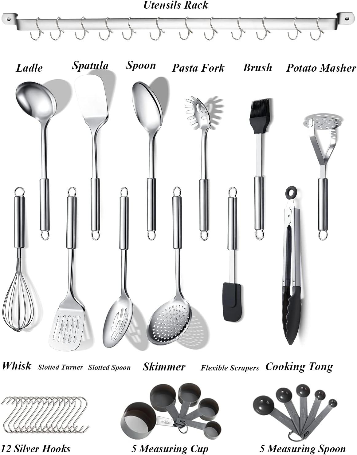 38-Piece Stainless Steel Kitchen Utensil Set with Holder and Hooks