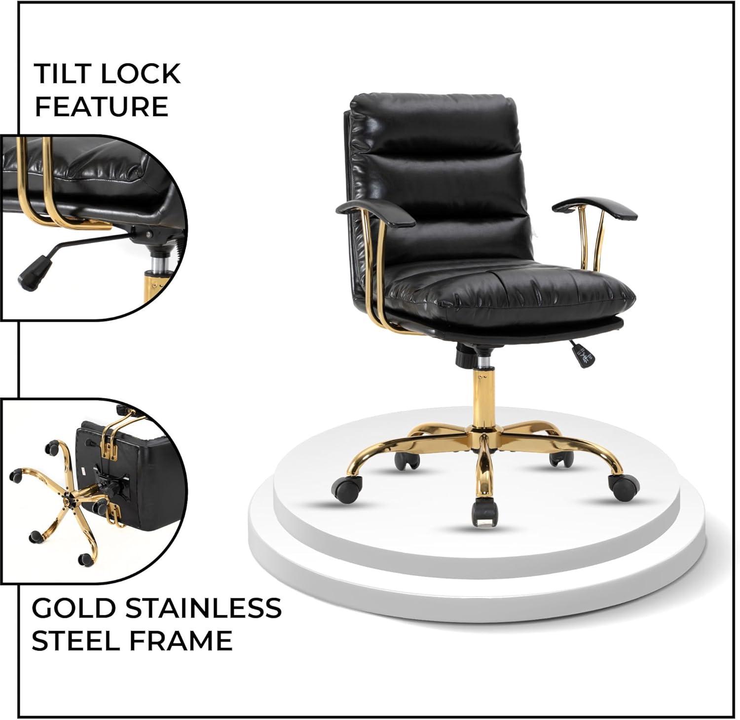 LeisureMod Regina Single Ergonomic Padded Leather Lumbar Support Adjustable Height Swivel Executive Office Chair with Gold Steel Frame