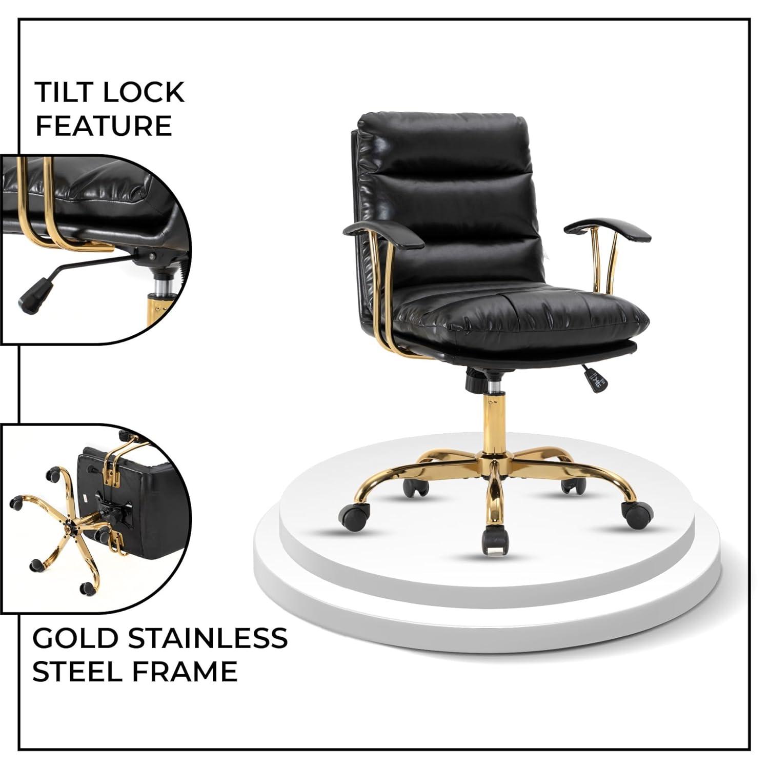 LeisureMod Regina Single Ergonomic Padded Leather Lumbar Support Adjustable Height Swivel Executive Office Chair with Gold Steel Frame