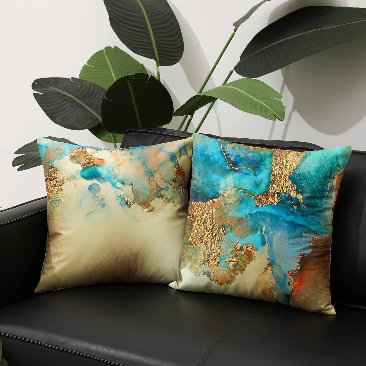 HOSTECCO Teal and Gold Throw Pillow Covers 18x18 inch Set of 4 Turquoise Gold Abstract Pillow Cases Modern Decorative Cushion Covers for Sofa Couch