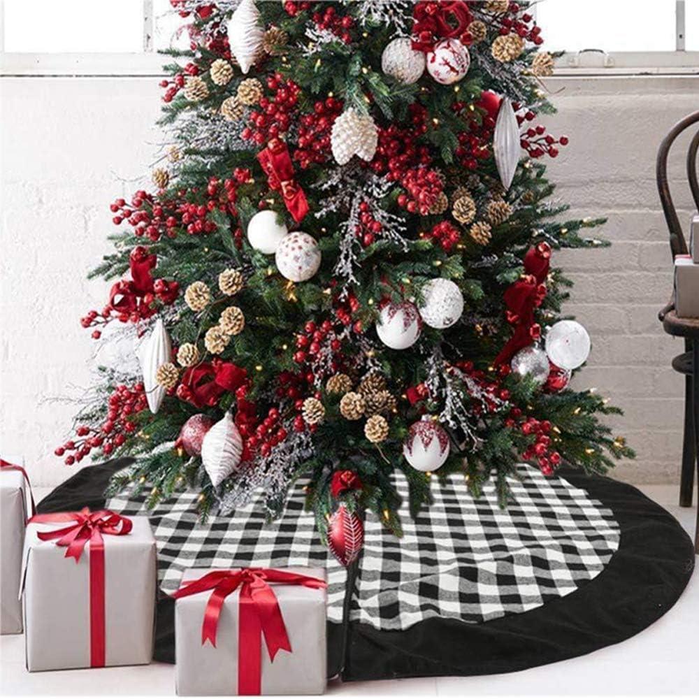 Christmas Tree Skirt 48 inch Large, Double Layer Black and White Plaid Buffalo Slim Checked Tree Mat for Xmas Country Farmhouse Holiday Party Decoration Christmas Ornaments