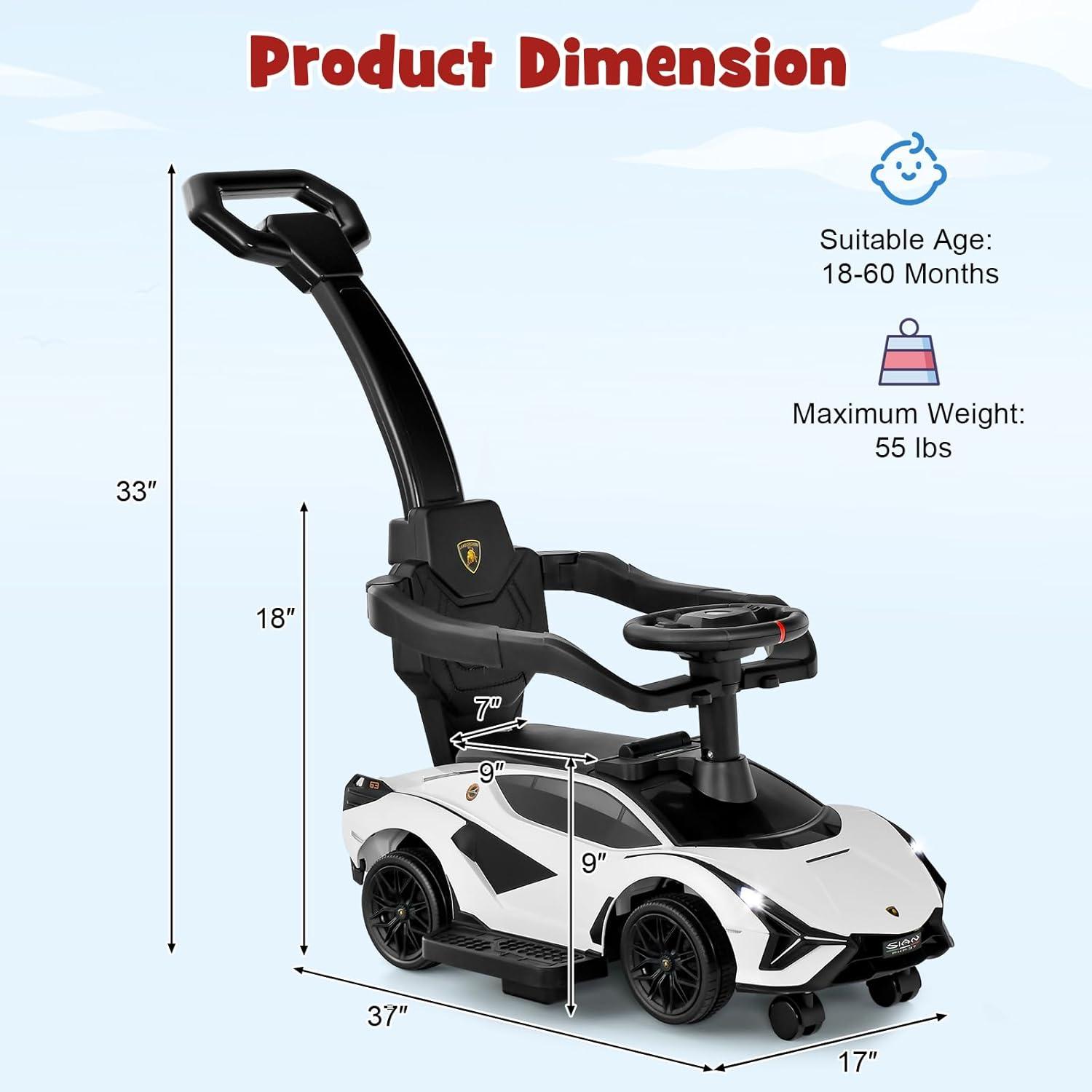 OLAKIDS 3 In 1 Ride on Push Car, Licensed Lamborghini Stroller Sliding Walking Car with Push Handle, Music, USB, Headlight, Under Seat Storage, Kids Foot-to-Floor Toy for 18-60 Months