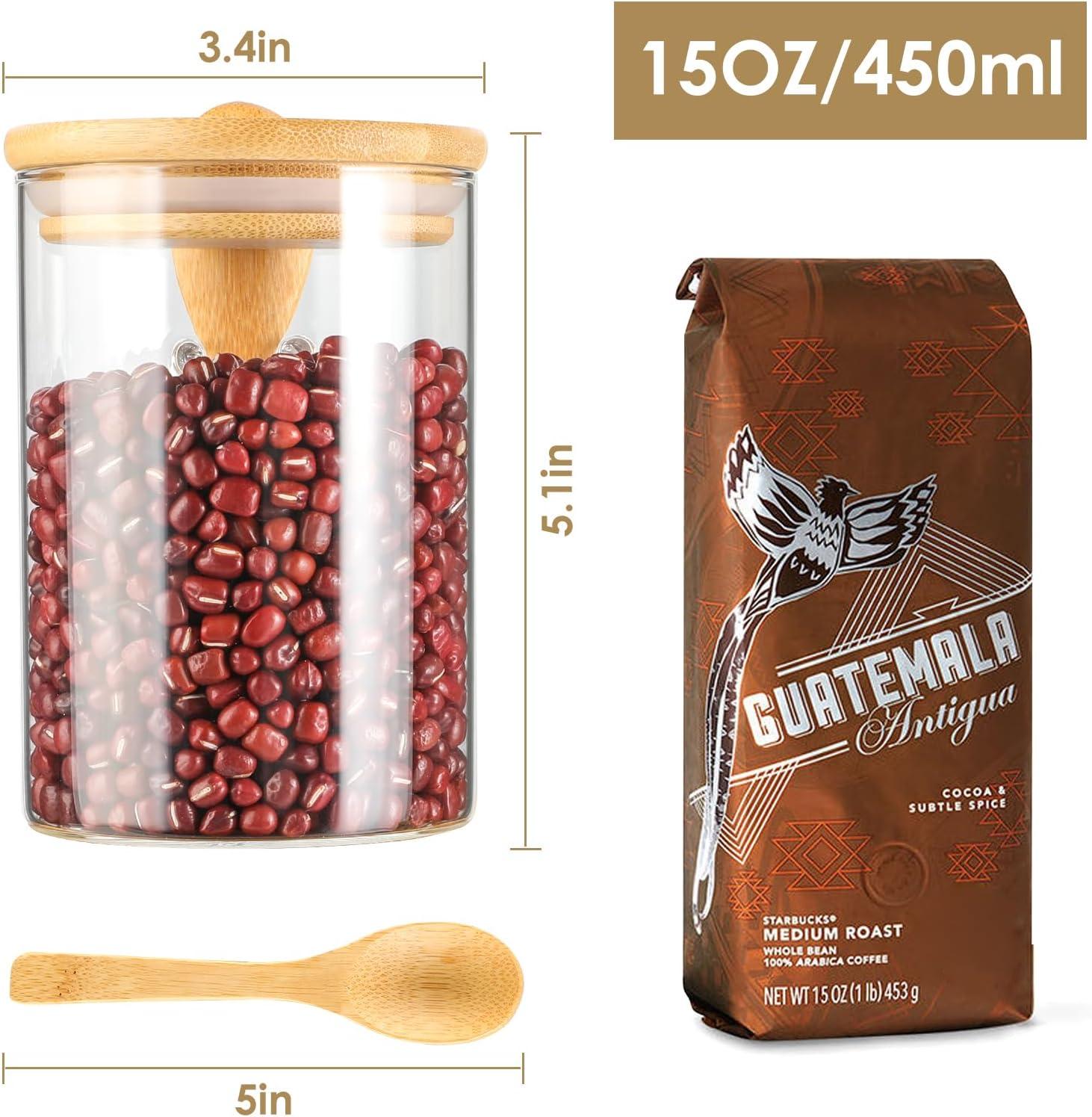 3 Pack Glass Containers Jars with Bamboo Airtight Lid and Spoon, 15Oz Glass Food Storage Canisters, Kitchen Organization Jar Set for Coffee Beans, Tea, Flour, Salt, Nuts, Candy, Cookie and More