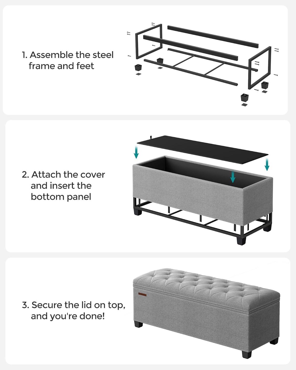 wangc123 Storage Ottoman Bench, Foldable Foot Rest with Legs, 15.7 x 43 x 15.7 Inches, End of Bed Bench, Storage Chest, Load up to 660 lb, for Living Room, Bedroom, Entryway, Light Gray ULSF088G02