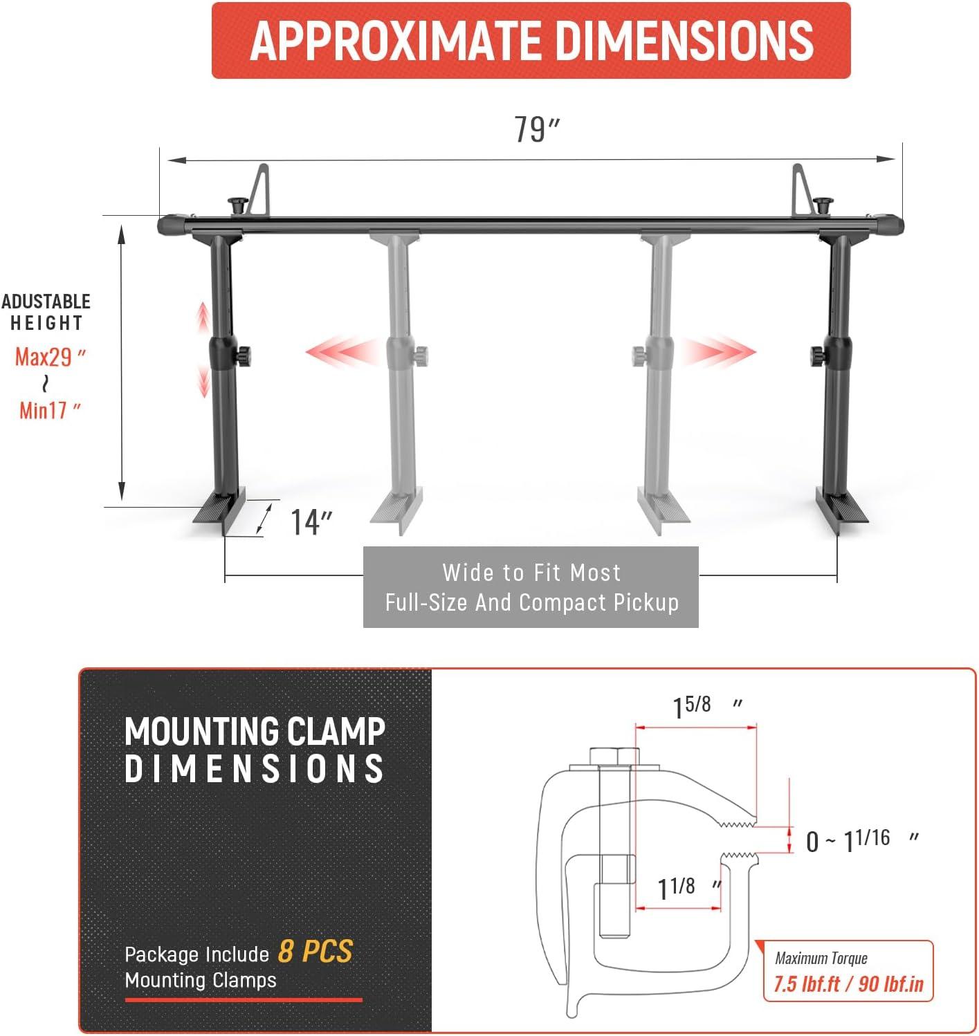 Black Aluminum Height-Adjustable Truck Bed Rack with Load Stops