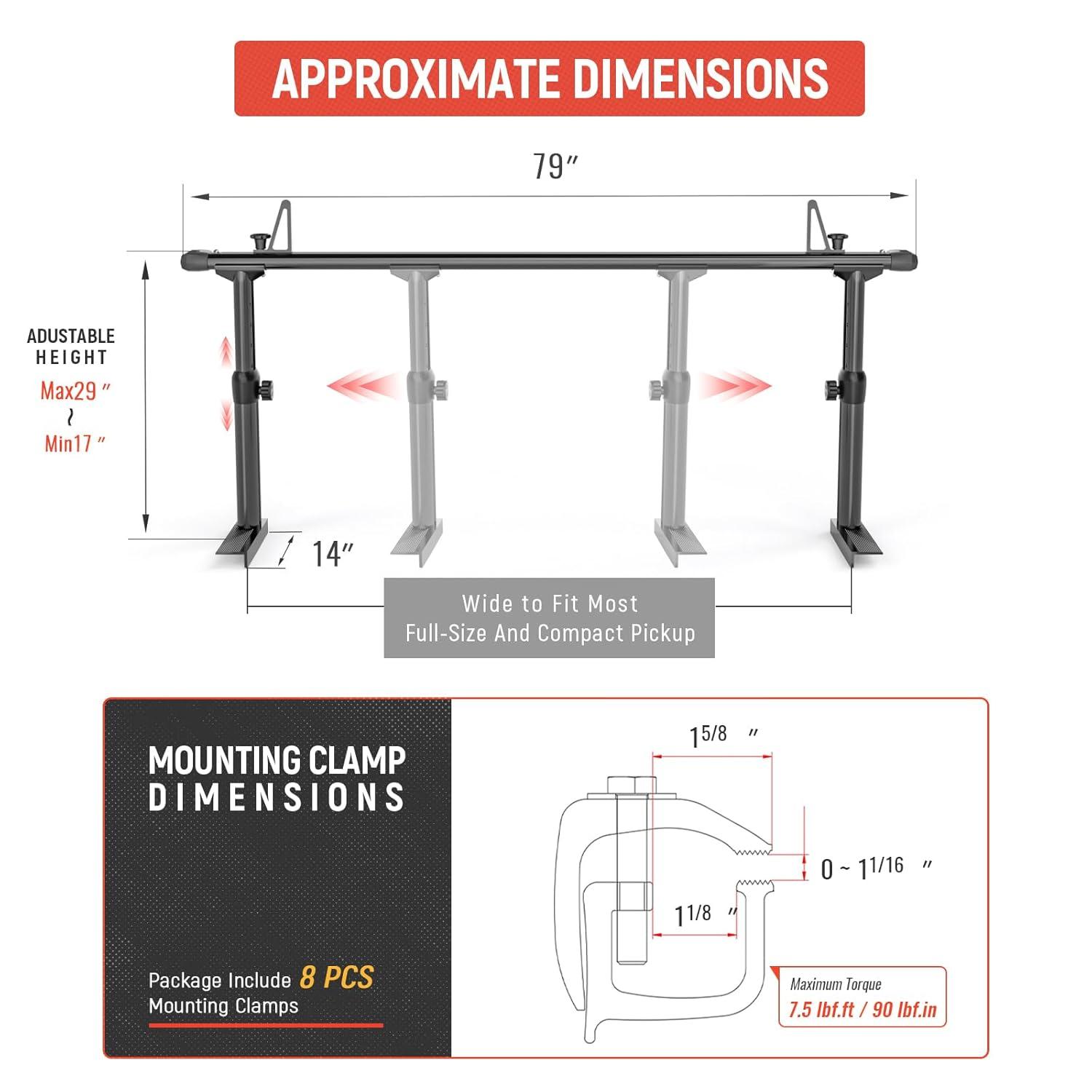 AA-Racks Model APX2501 79" Full-Size Pickup Truck Ladder Racks Low-Profile Height-Adjustable Utility Aluminum Truck Bed Rack with Load Stops-Black