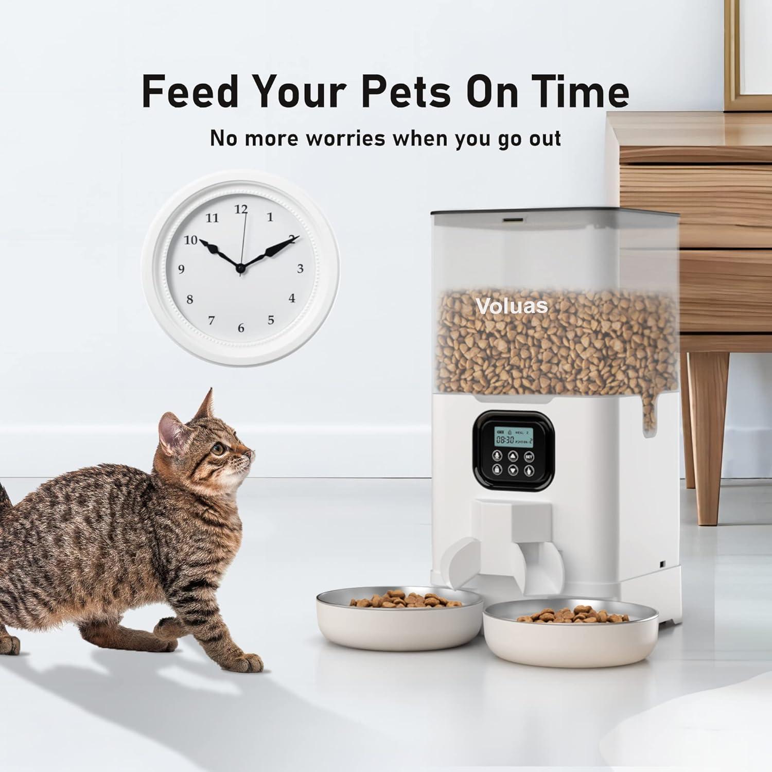 Voluas Automatic Cat Feeders for Two Cats, Double Pet Feeder with 2 Stainless Steel Bowls,6L Timed Cat Feeder with Memory Function, Pet Food Dish