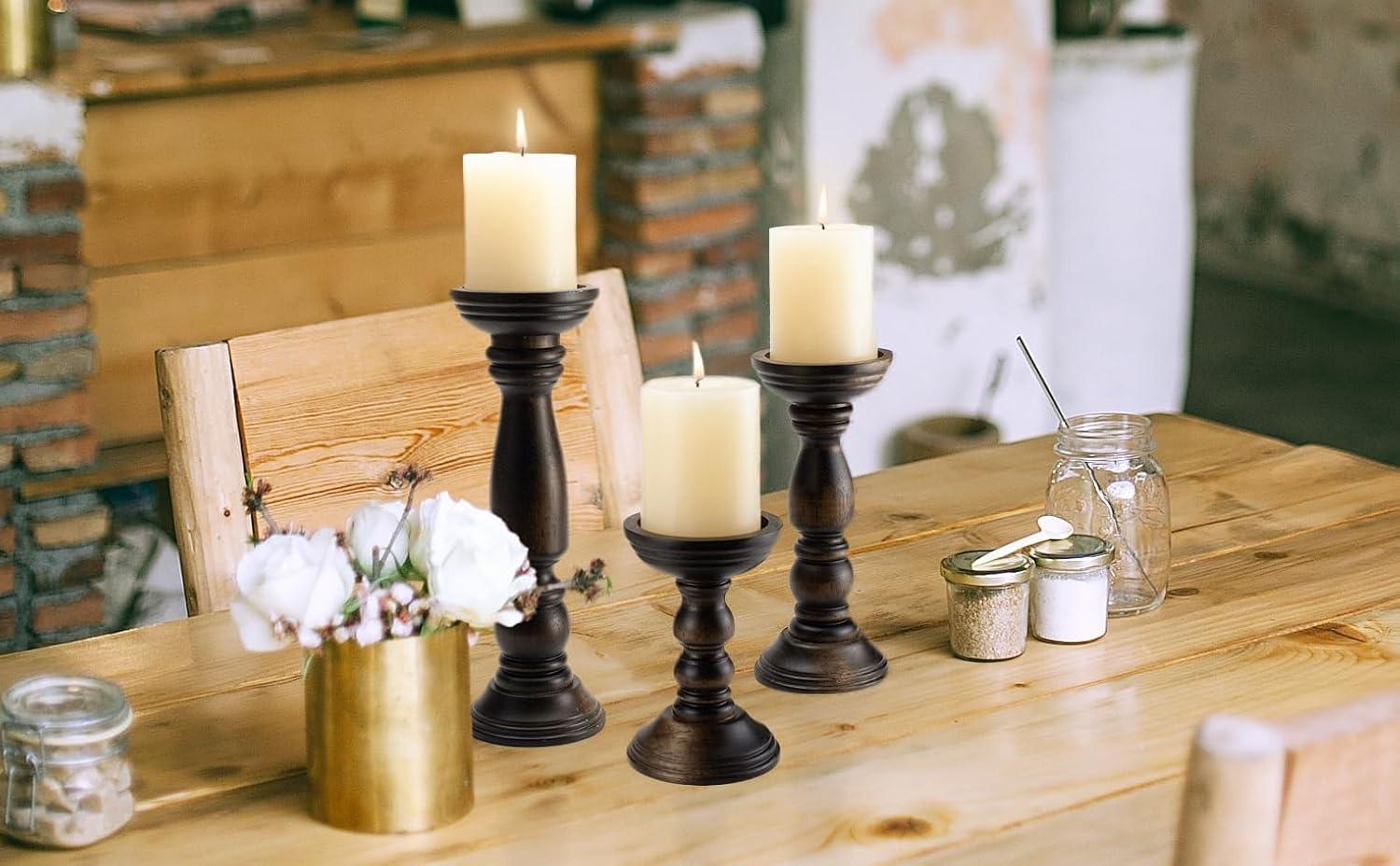 DecMode 3 Candle Brown Wood Candle Holder, Set of 3