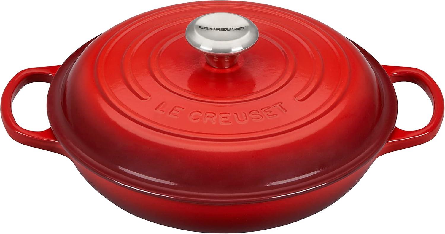 Cerise Red Enameled Cast Iron Round Braiser with Lid