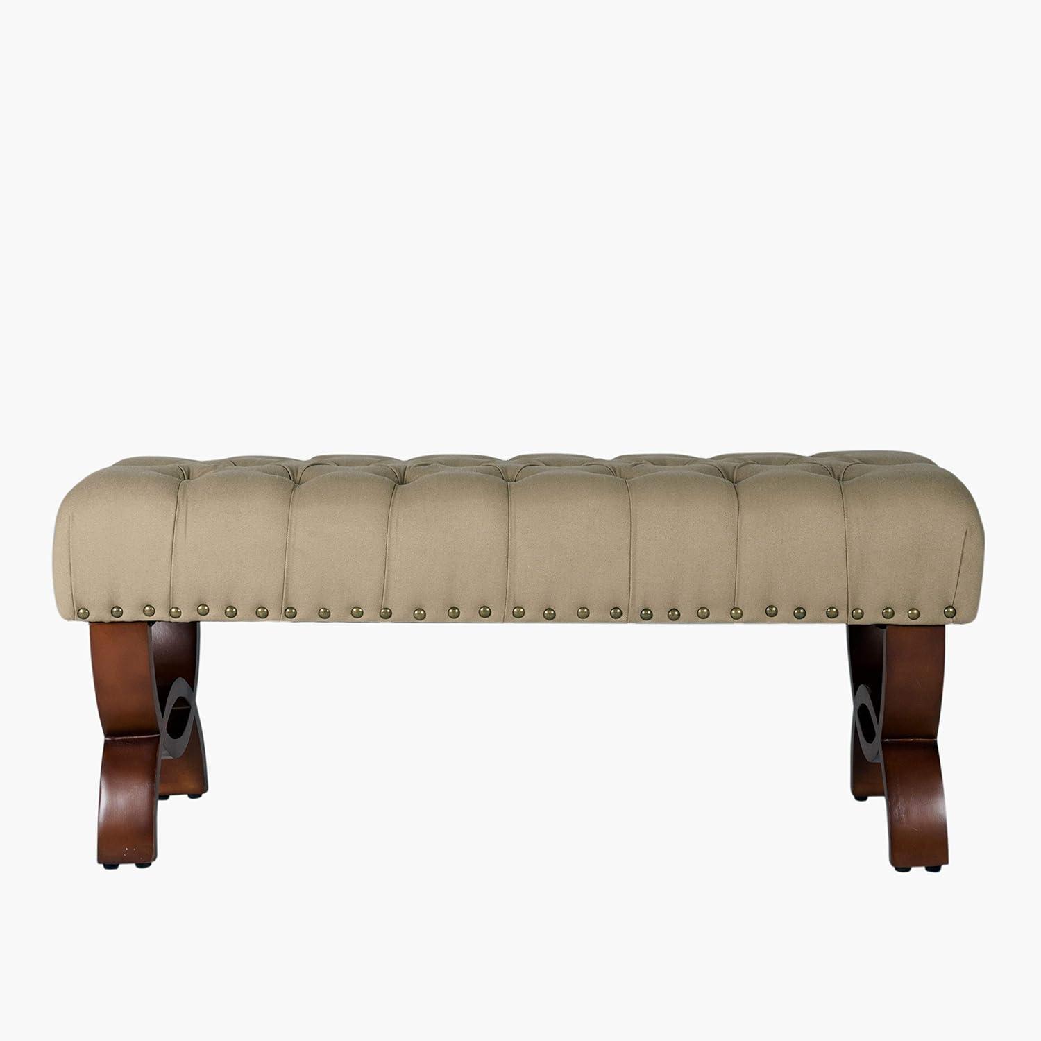 Carolina Tufted Bench with Nailhead Trim Cream - HomePop: Upholstered Ottoman for Bedroom, Indoor Furniture