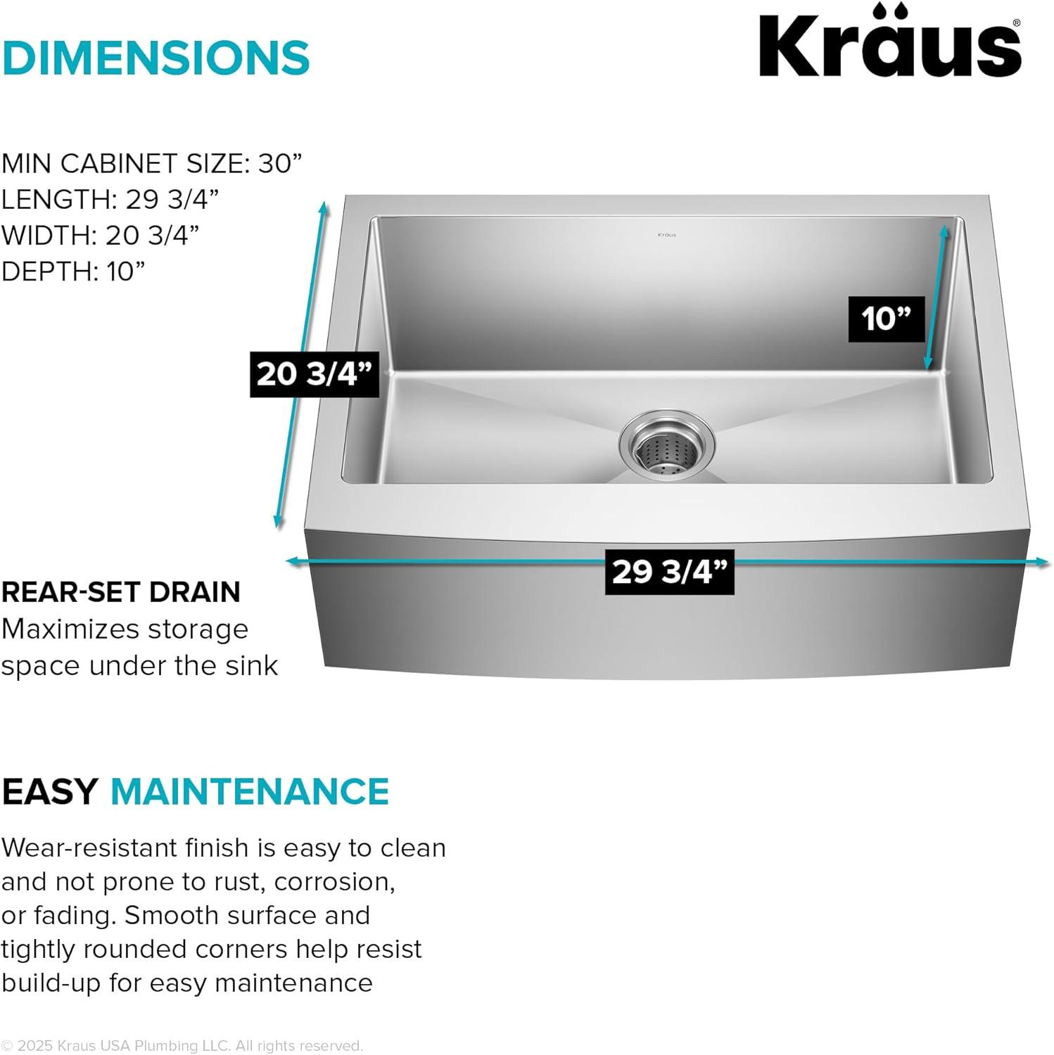 KRAUS Standart Pro Apron Front Farmhouse 16 Gauge Single Bowl Stainless Steel Kitchen Sink