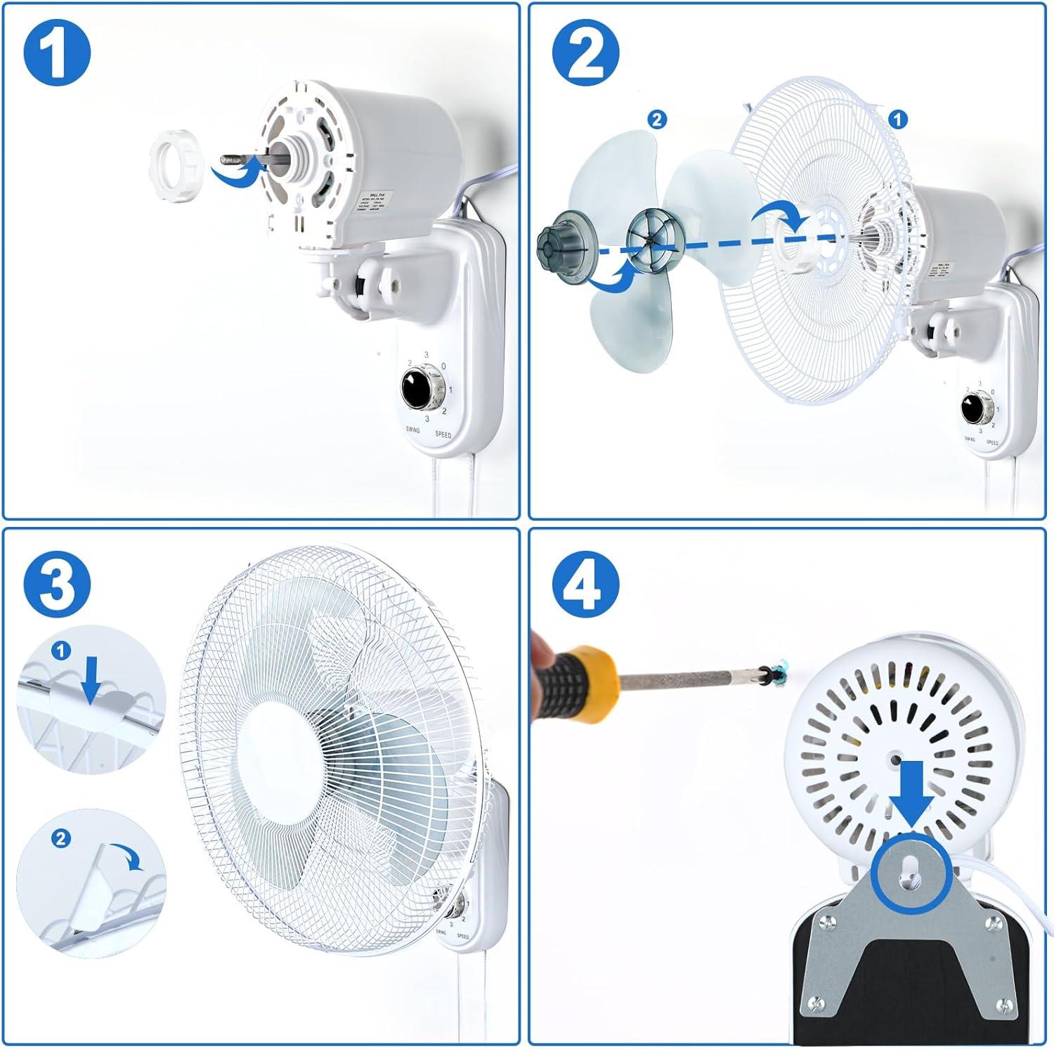 Aottop 16-Inch White Wall Mount Fan with Pull Chain and Knob Control, 2-Pack | 3 Speeds,Oscillating,Ideal for Bedroom, Living Room, and Office