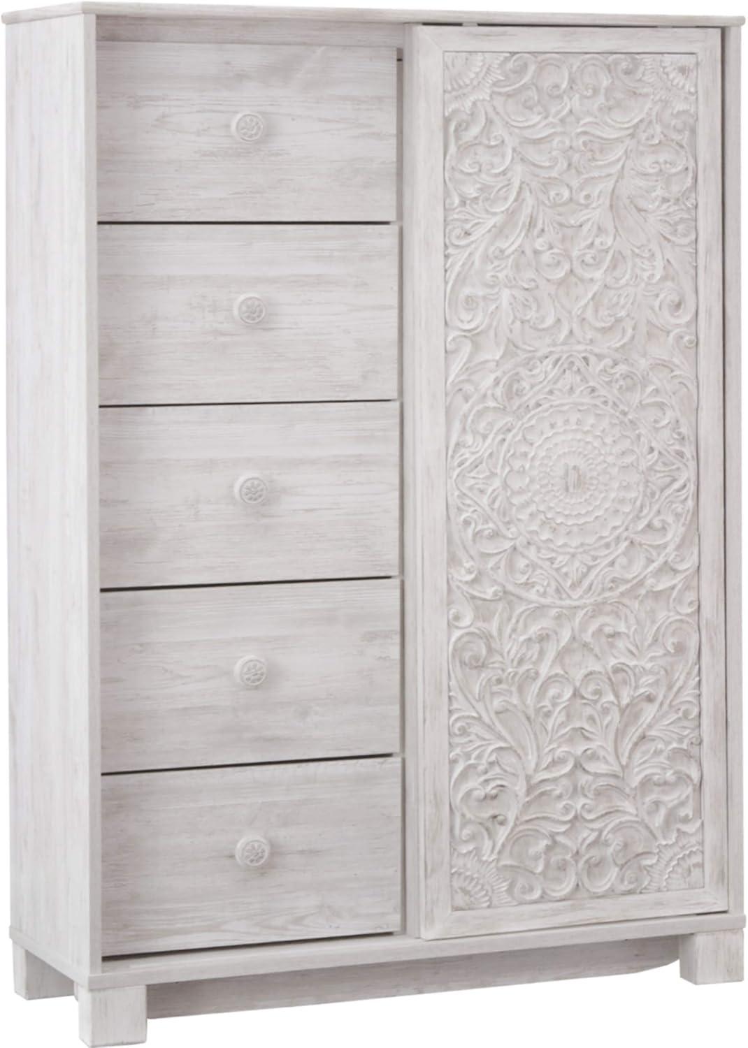 Paxberry Dressing Chest White Wash - Signature Design by Ashley: Boho-Chic 5-Drawer Storage, Carved Sliding Door
